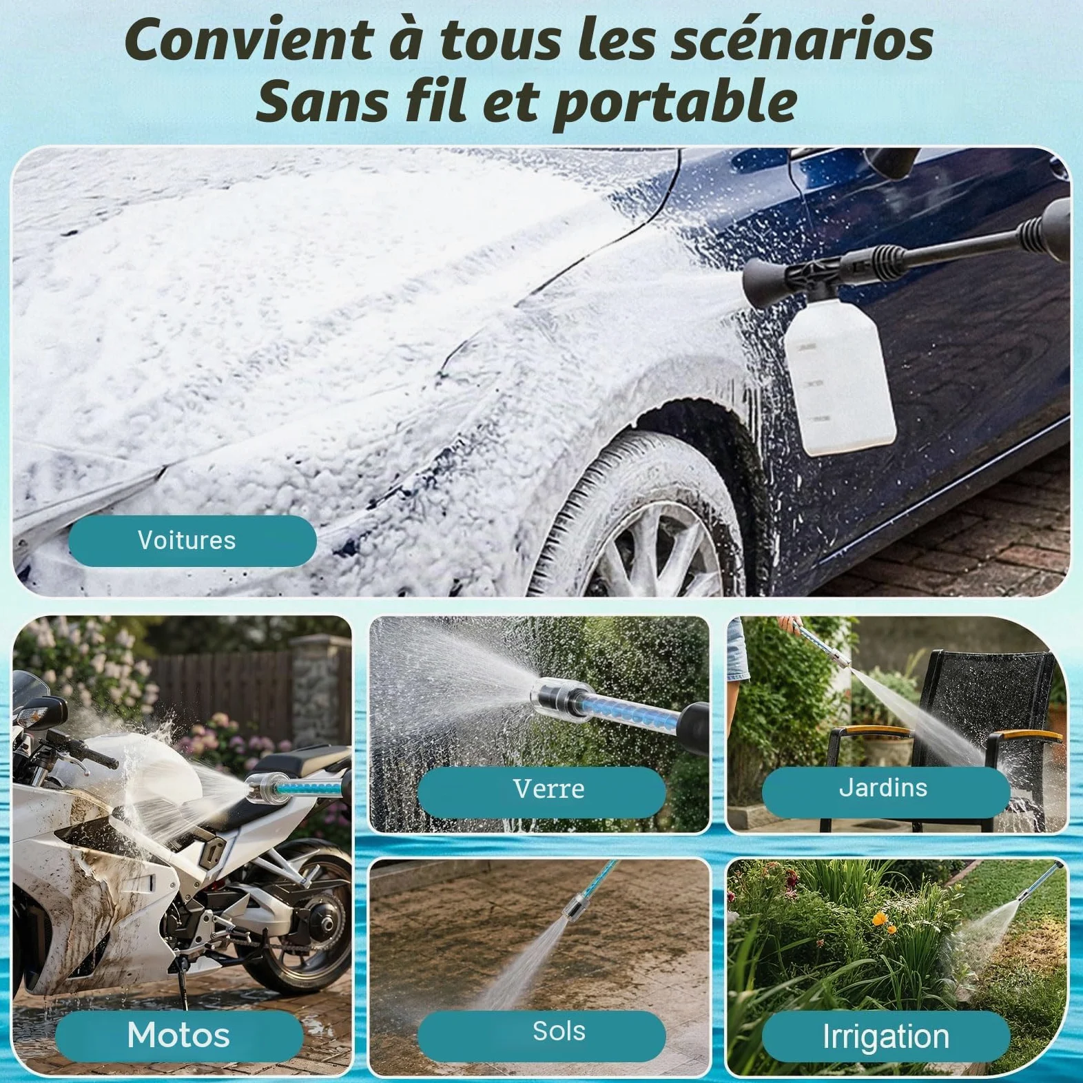 Nettoyeur Haute Pression sans Fil, Moteur sans Balais 3000 W, Mode 3 Vitesses, Maximum 100 Bar, Batterie De avec 2 Batteries 4,0 Ah, Buse Rotative 5 en 1, pour La Voiture Et La Maison
