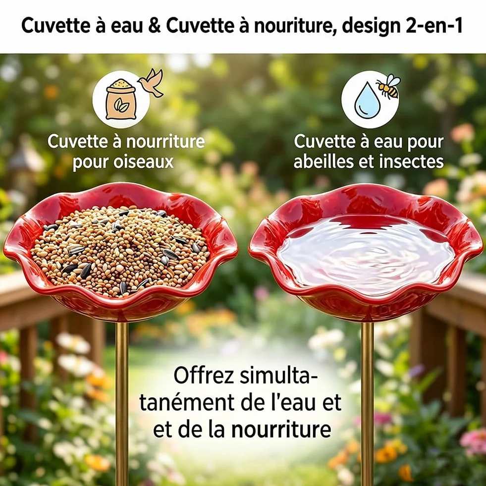 Bain d'Oiseaux Exterieur sur Pied Artisanal Fleur Ceramique 2 en 1 Abreuvoir Abeilles Mangeoire Oiseaux Jardin Rose