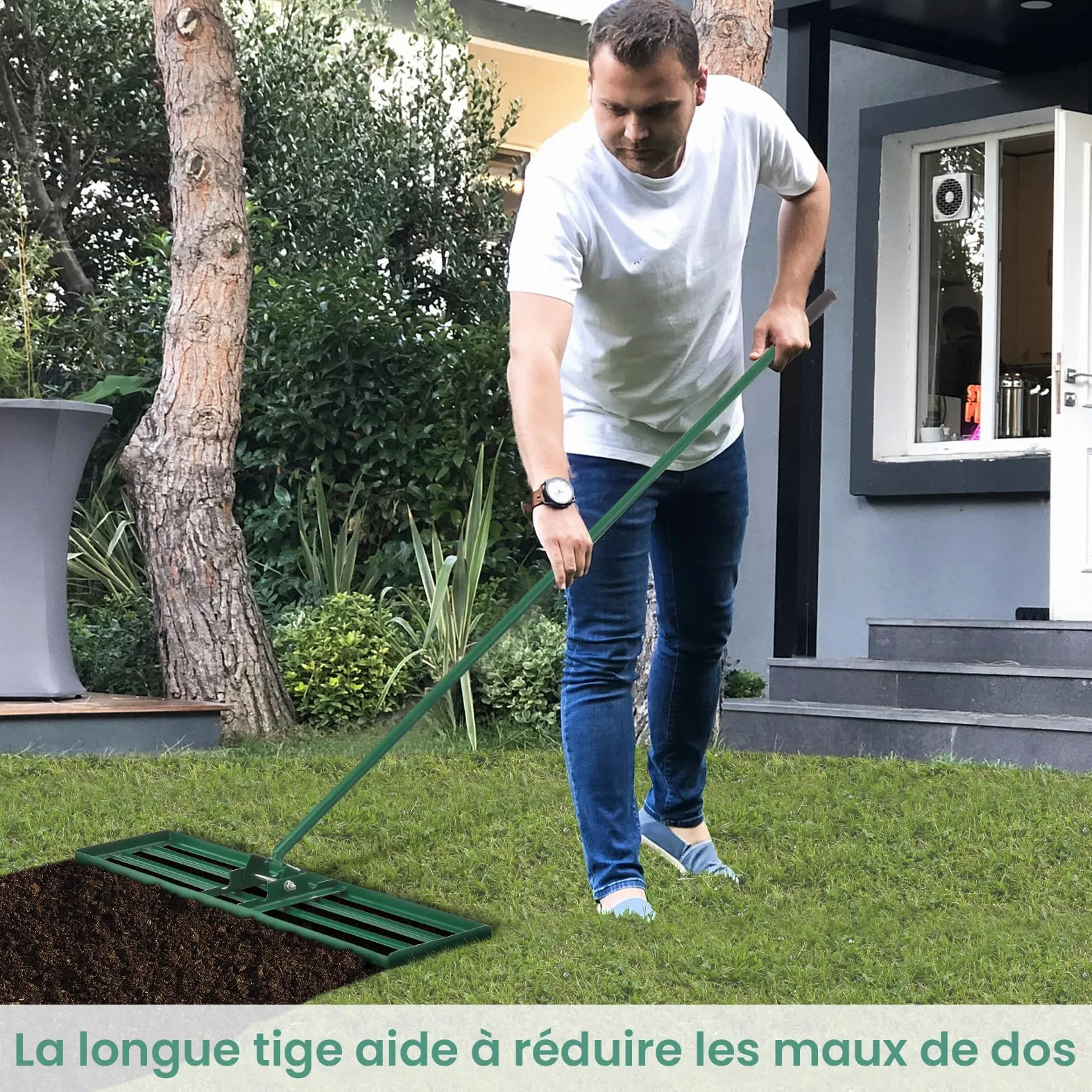 COSTWAY Râteau de Nivellement de Pelouse en Métal 91 x 25 cm, Vert | Râteau de Jardin avec Poignée de 170 cm, Outil de Niveau de Pelouse pour Jardin CourTerrain de Golf Ferme