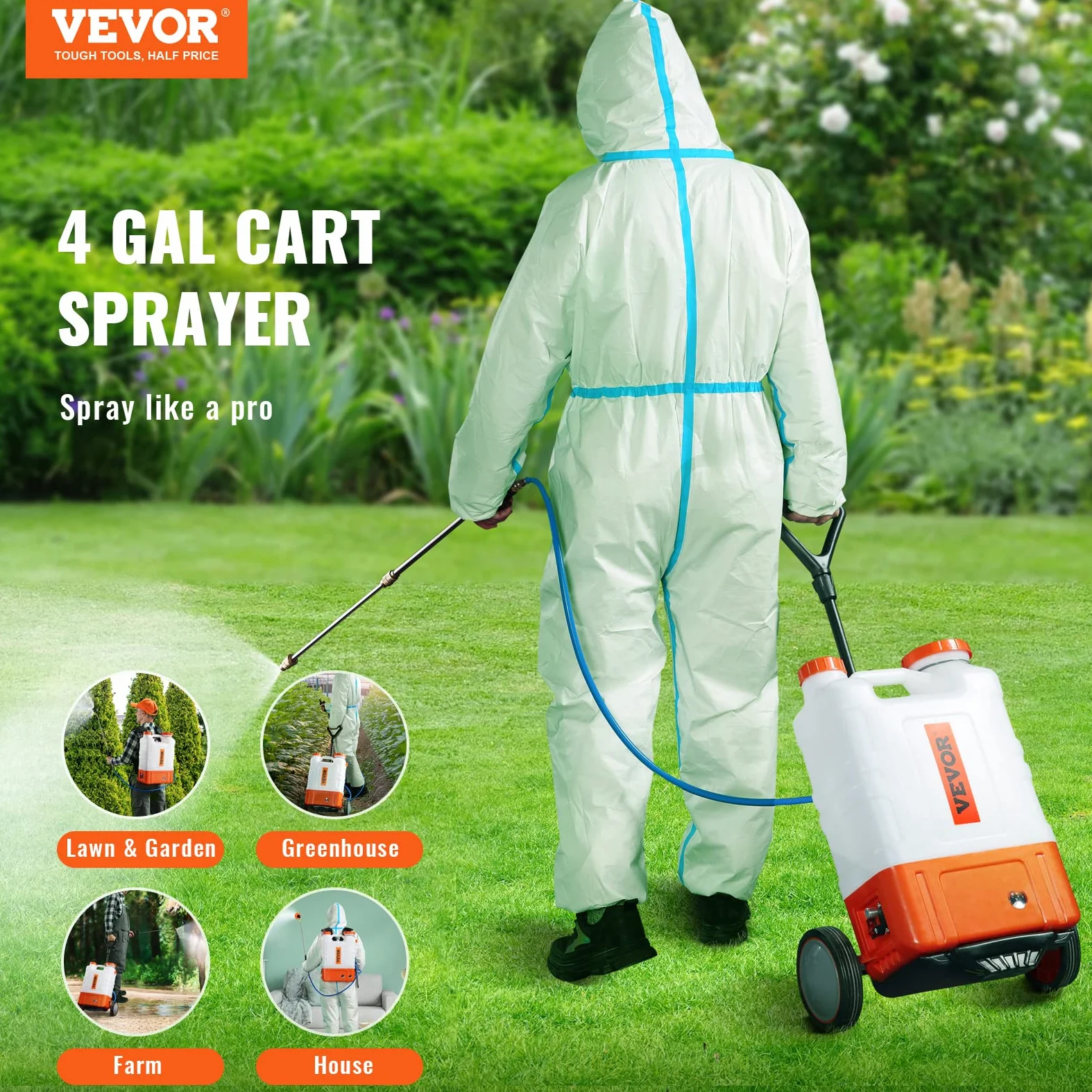VEVOR Pulvérisateur à Dos avec Chariot, Pression réglable 0-94 PSI, réservoir 15 L sur Roues, avec 8 Buses, 2 Baguettes, Couvercle à Large Ouverture pour Jardin, désherbage, pulvérisation, Nettoyage