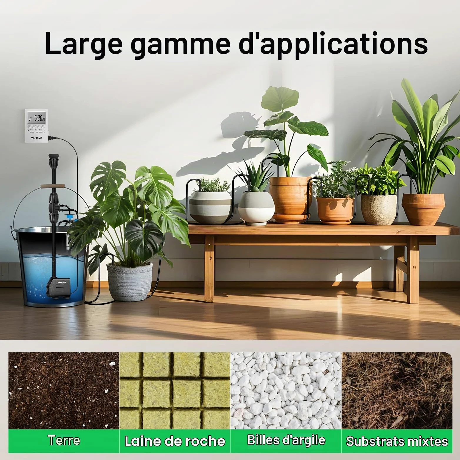 VIVOSUN Kit Professionnel d'Irrigation par Goutte-à-Goutte Automatique, Puissance de Sortie 15W, Kit de Culture Professionnel Tout-en-Un — Comprend Pompe, Minuterie et Régulateur