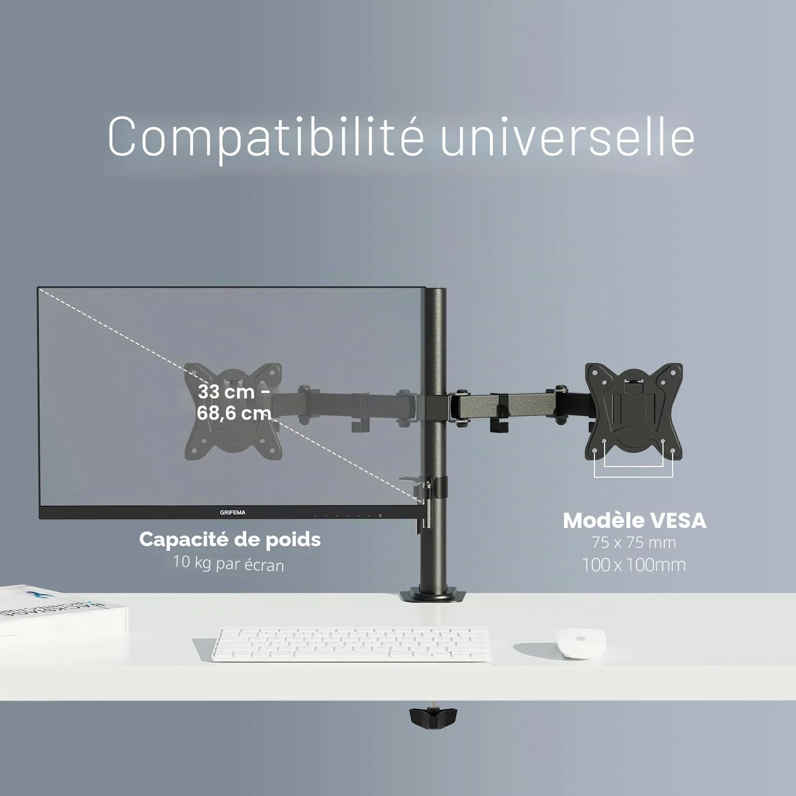 GRIFEMA Support Double Ecran PC 13-27 Pouces Bras Réglable Hauteur Inclinaison 90° Rotation 360° Poids 10KG VESA 75/100 MM Noir