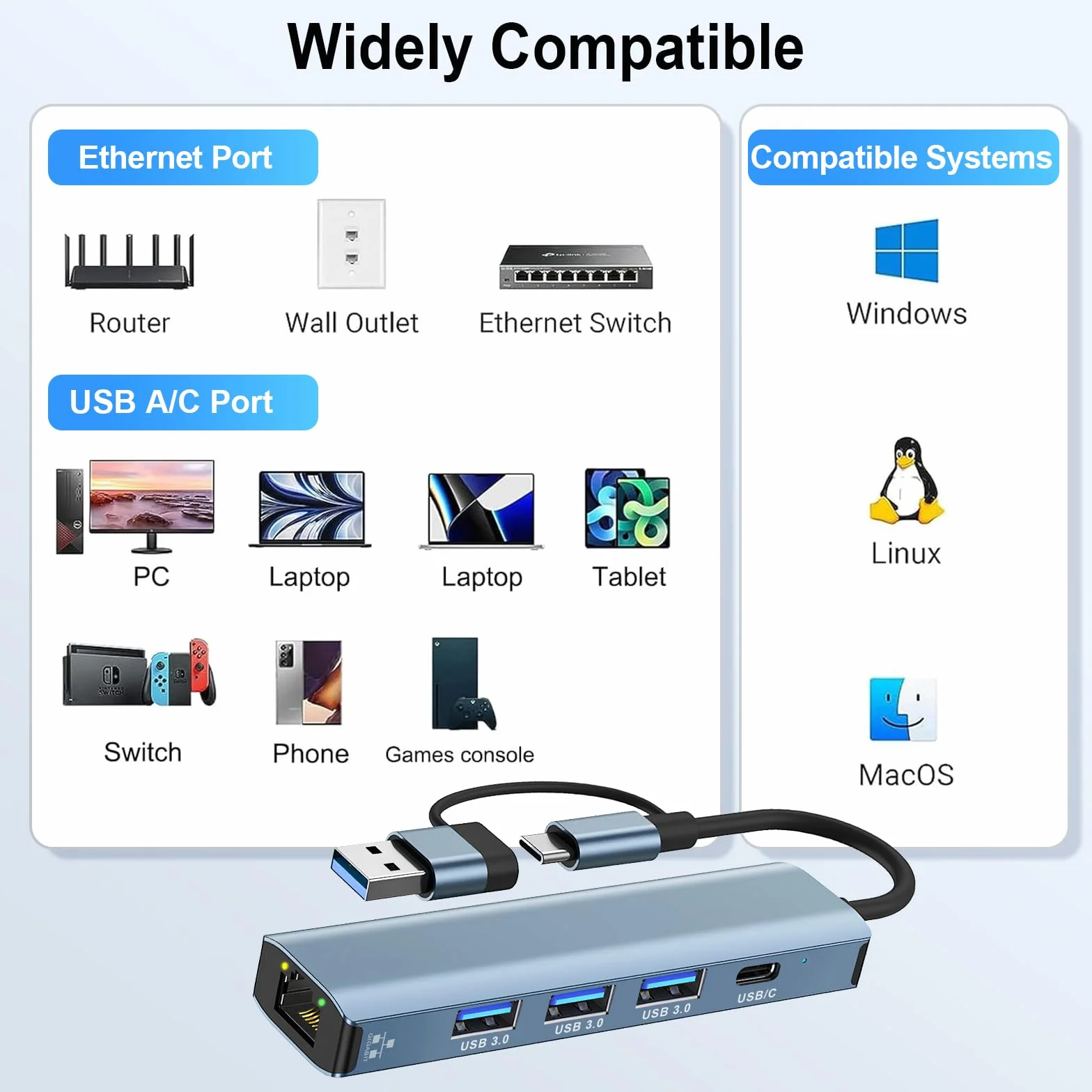 Adaptateur USB Ethernet 1000Mbps Hub Type-C 3.0 vers RJ45 Gigabit avec 3 Ports USB 3.0 et 1 Type-C