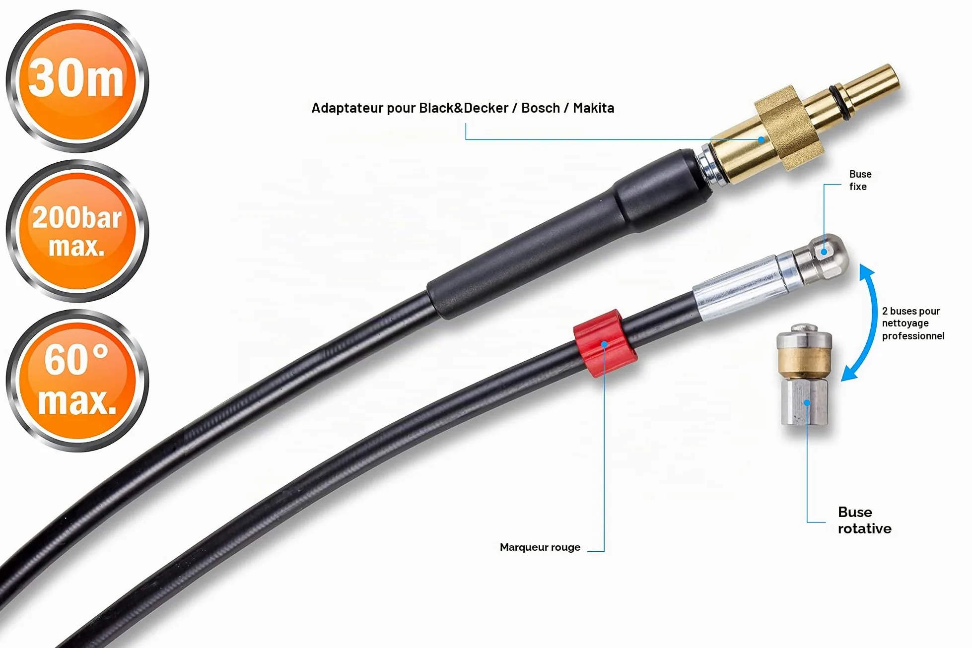 Tuyau Déboucheur Canalisation pour Nettoyeur Haute Pression 30m, 200 bar - Kit Furet compatible avec Bosch, Black+Decker, Nilfisk, Makita - avec Buse Fixe, Buse Rotative KNOFER