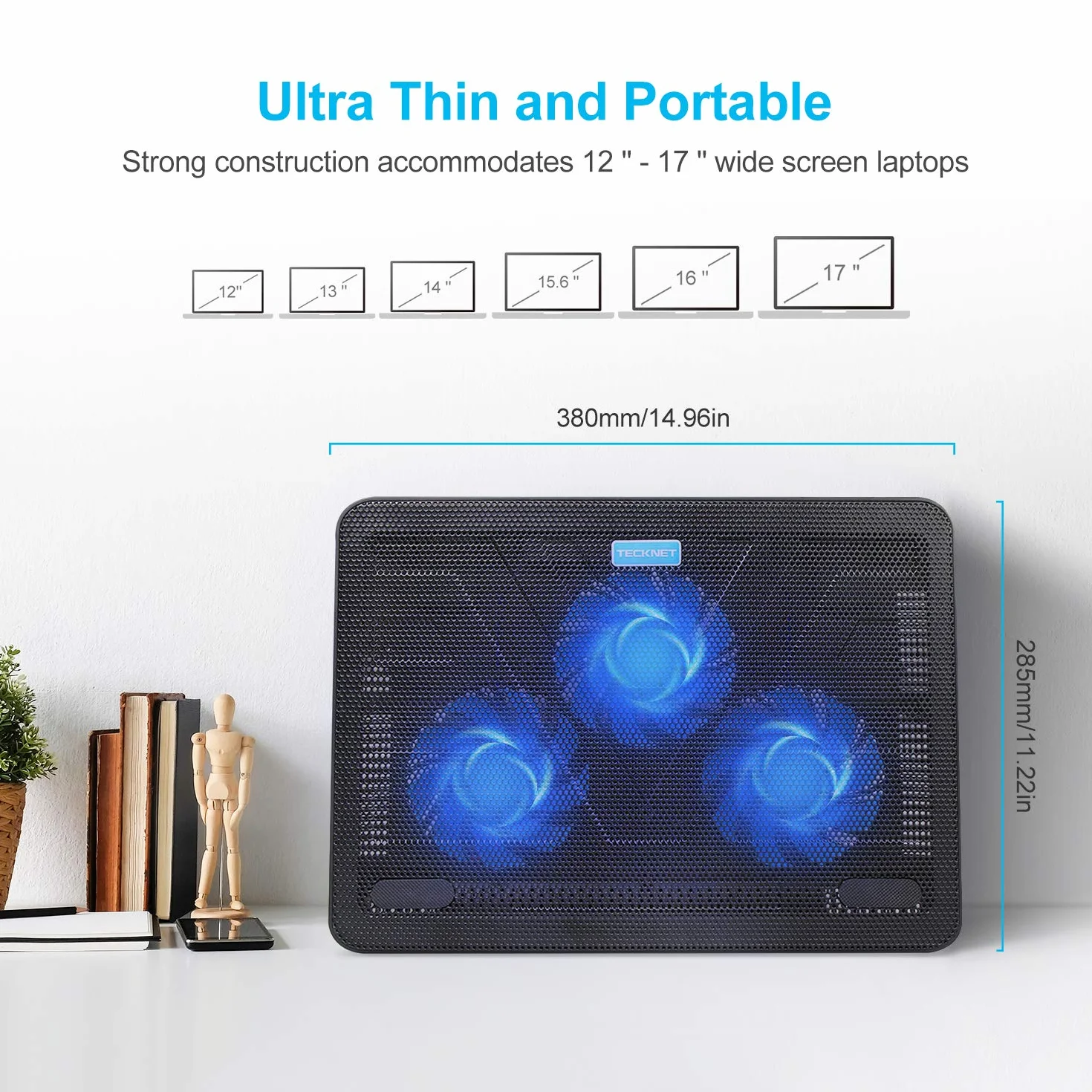 TeckNet Support Ventilé Ordinateur Portable 12-17 Pouces 3 Ventilateurs 118mm Silencieux 2 Ports USB