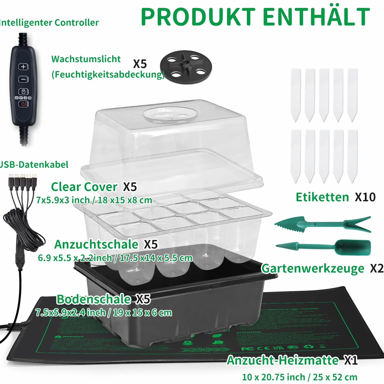 NAMOTEK Station de Germination 5 pièces avec Tapis Chauffant & Lampe de Croissance – 60 cellules, Mini-Serre