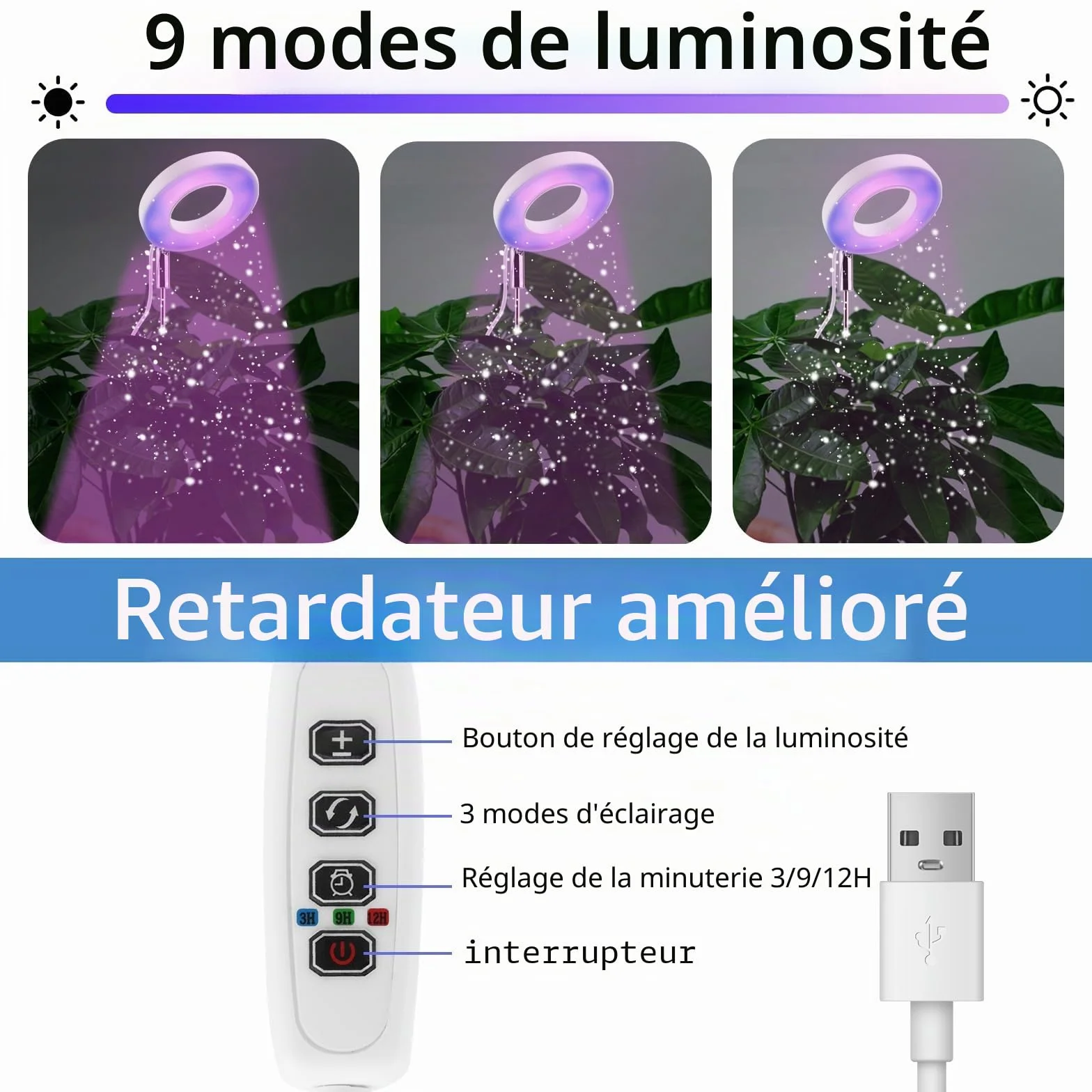 Lampe de Culture LED à Spectre Complet, Réglable 3 Niveaux de Luminosité, Arrêt Automatique 3/9/12H
