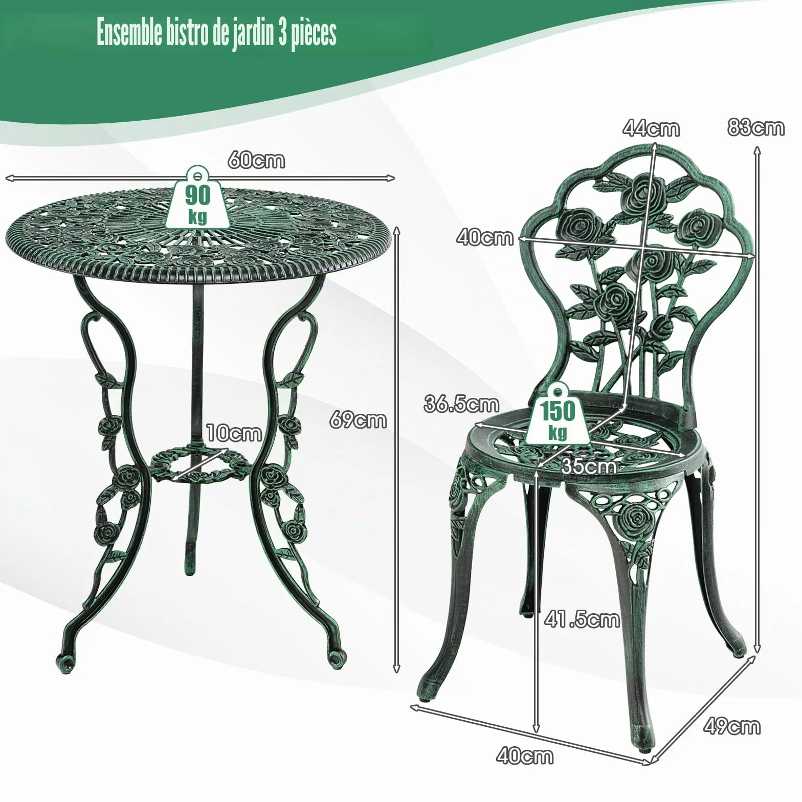 Salon de Jardin 2 Personnes Fonte Aluminium Table Extérieure avec 2 Chaises Trou Parasol Motif Rose Vert
