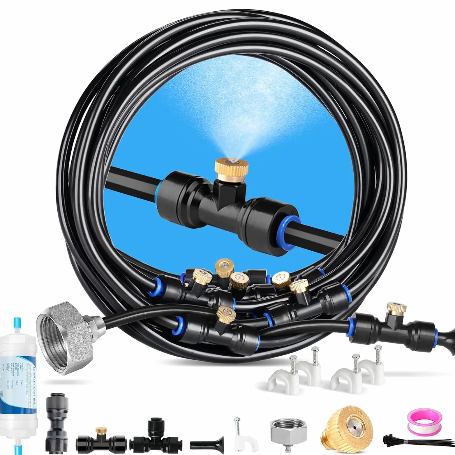 Brumisateur Terrasse Extérieur, Système de Refroidissement par Brumisation, Système d'irrigation Jardin Kit avec Buse et Adaptateur en Laiton, pour Jardin, Patio, Pelouse (18m)