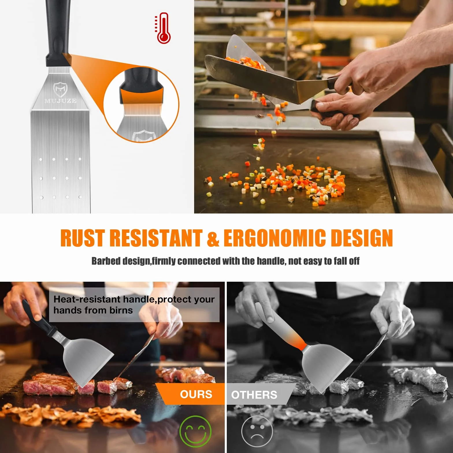 MUJUZE Set de Accessoire Plancha INOX, Spatule Professionnelle pour Barbecue Gril Teppanyaki