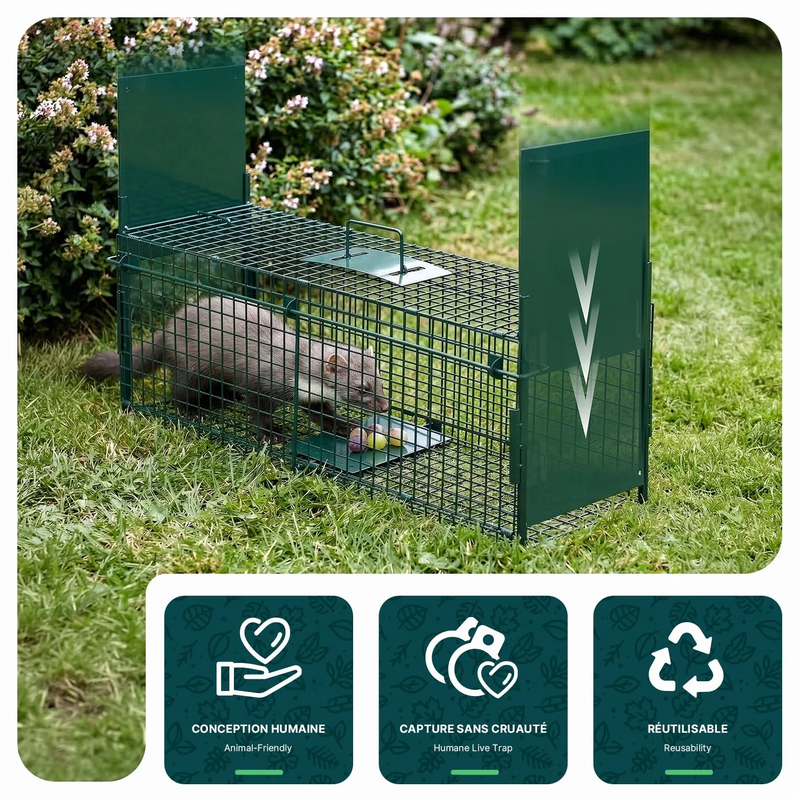 Piège à Animaux Vivants 80x26x34cm Cage de Capture sans Cruauté Réutilisable pour Rats Fouines Lapins Renard Vert