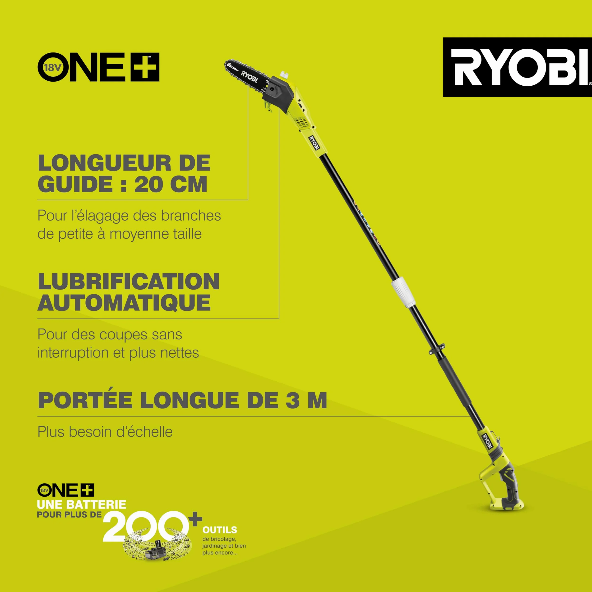 RYOBI - Elagueur sur perche 18 Volts ONE+™ (sans batterie) - OPP1820