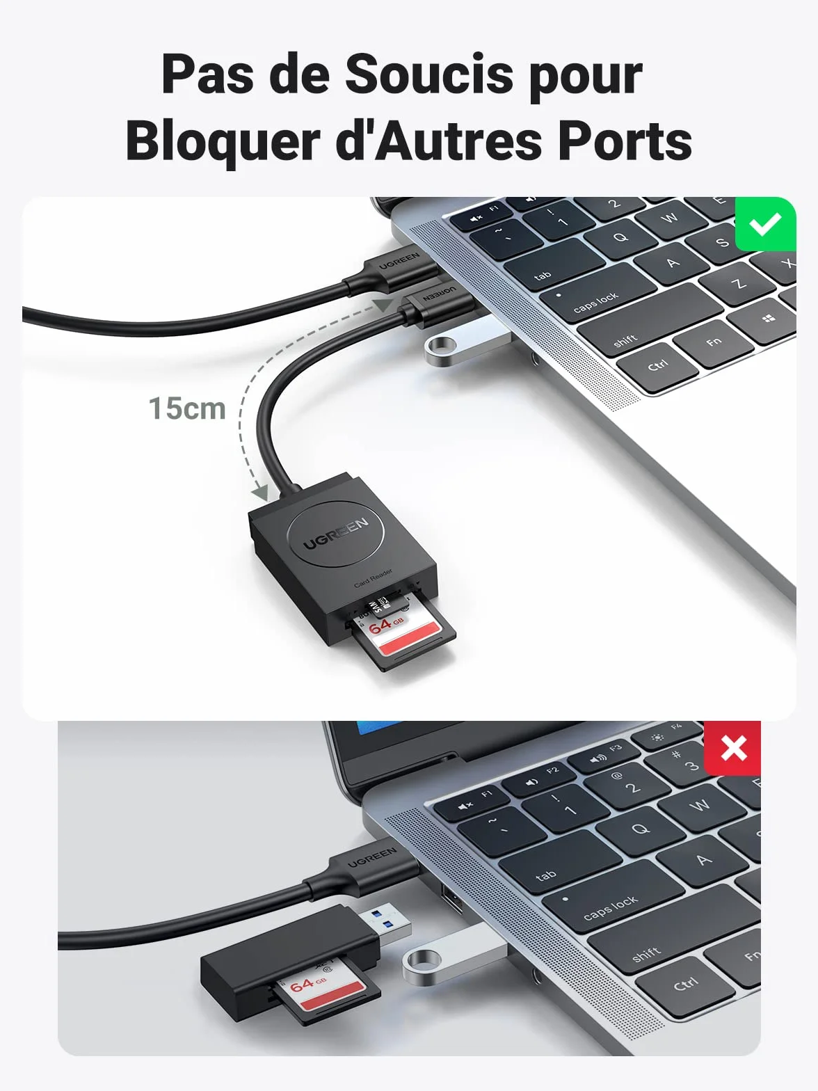 UGREEN Lecteur de Carte SD USB 3.0 5Gbps Transfert Rapide 2 Cartes Max 2To SD Card Reader Micro SDXC SDHC MMC Plug Play Windows MacOS Linux