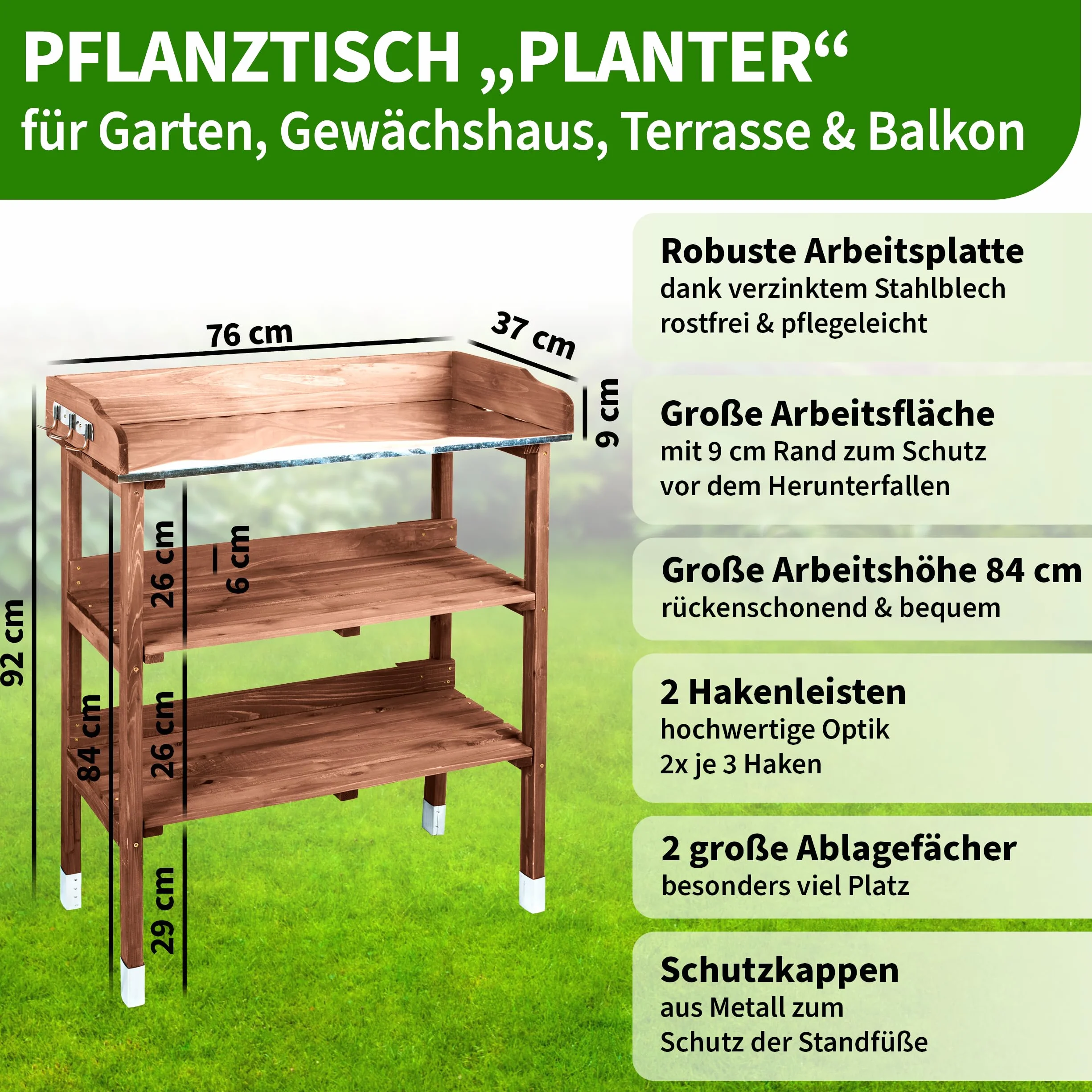 TTL Garden Planter Deluxe Table de jardinage 3 tiroirs plan de travail galvanisé extérieur résistante intempéries étagère 6 crochets bois sapin marron