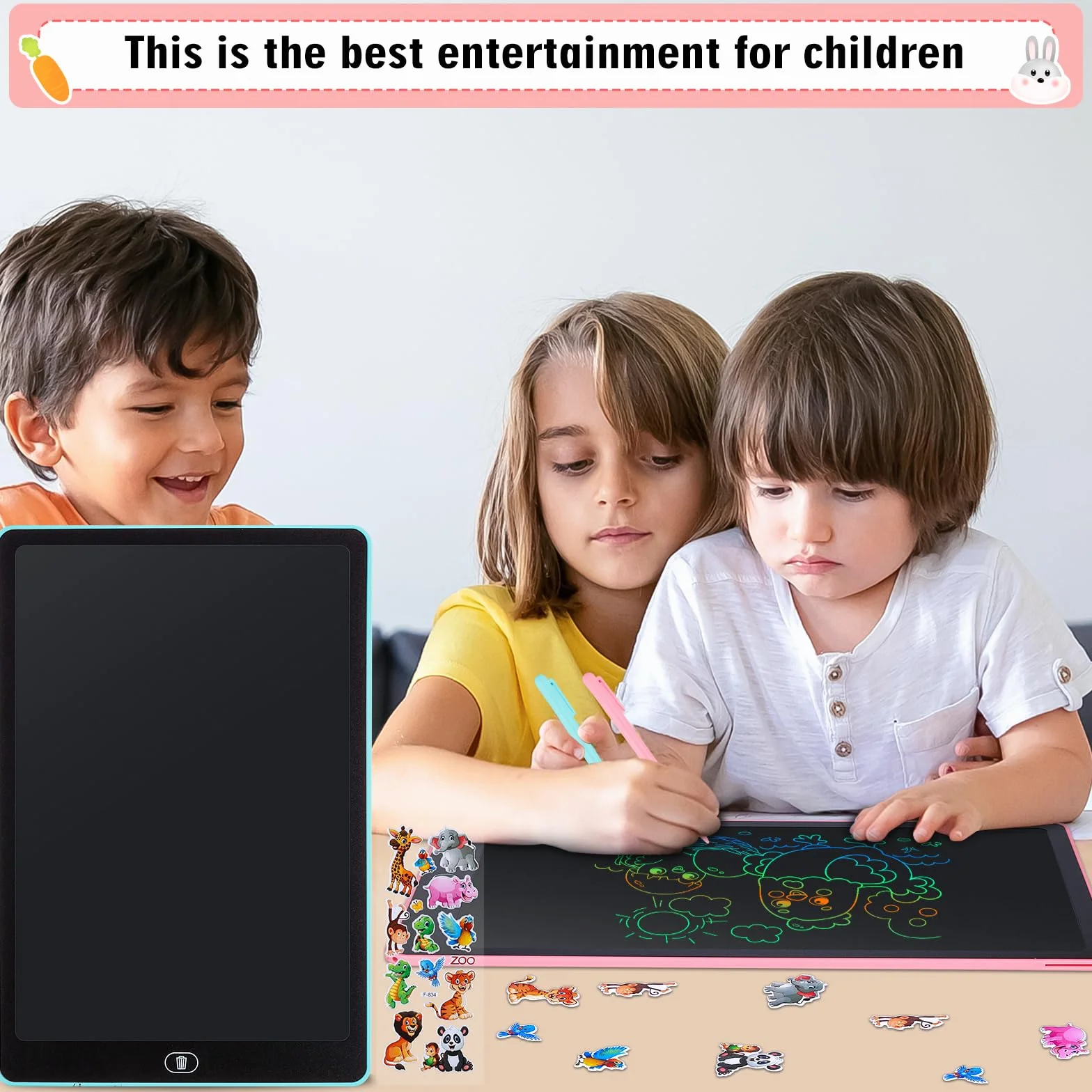 Tablette D'écriture LCD 16 Pouces Dessin Ecran Coloré Effaçable Autocollants Animaux Garçons Filles 3-6 Ans Bleu Rose