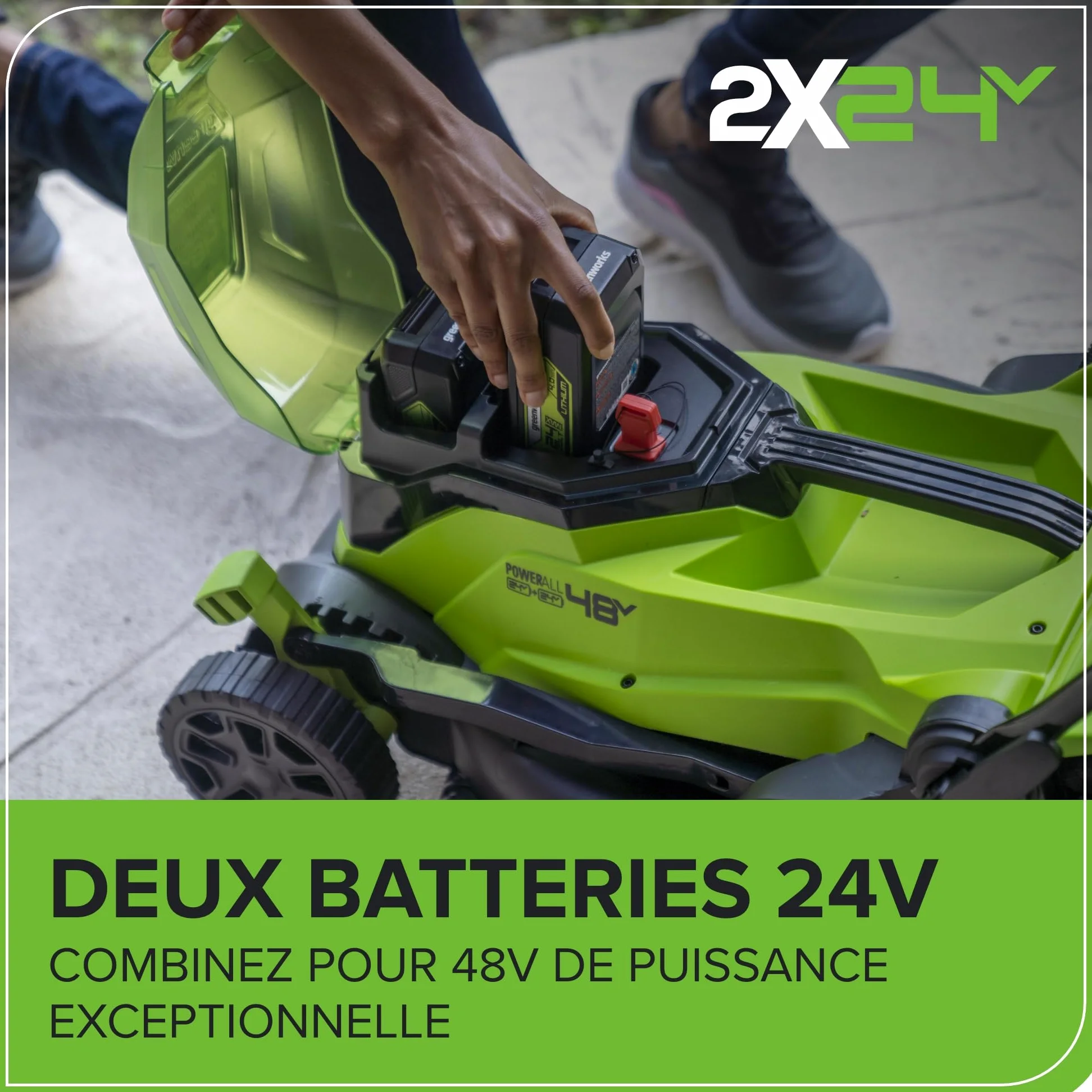 Greenworks 48V (24V x 2) Tondeuse à gazon sans fil , 36cm largeur jusqu'à 200m² ,40L Sac de Ramassage avec batterie 2x2Ah et chargeur à double fente, Garantie 3 Ans, GD24X2LM36K2x