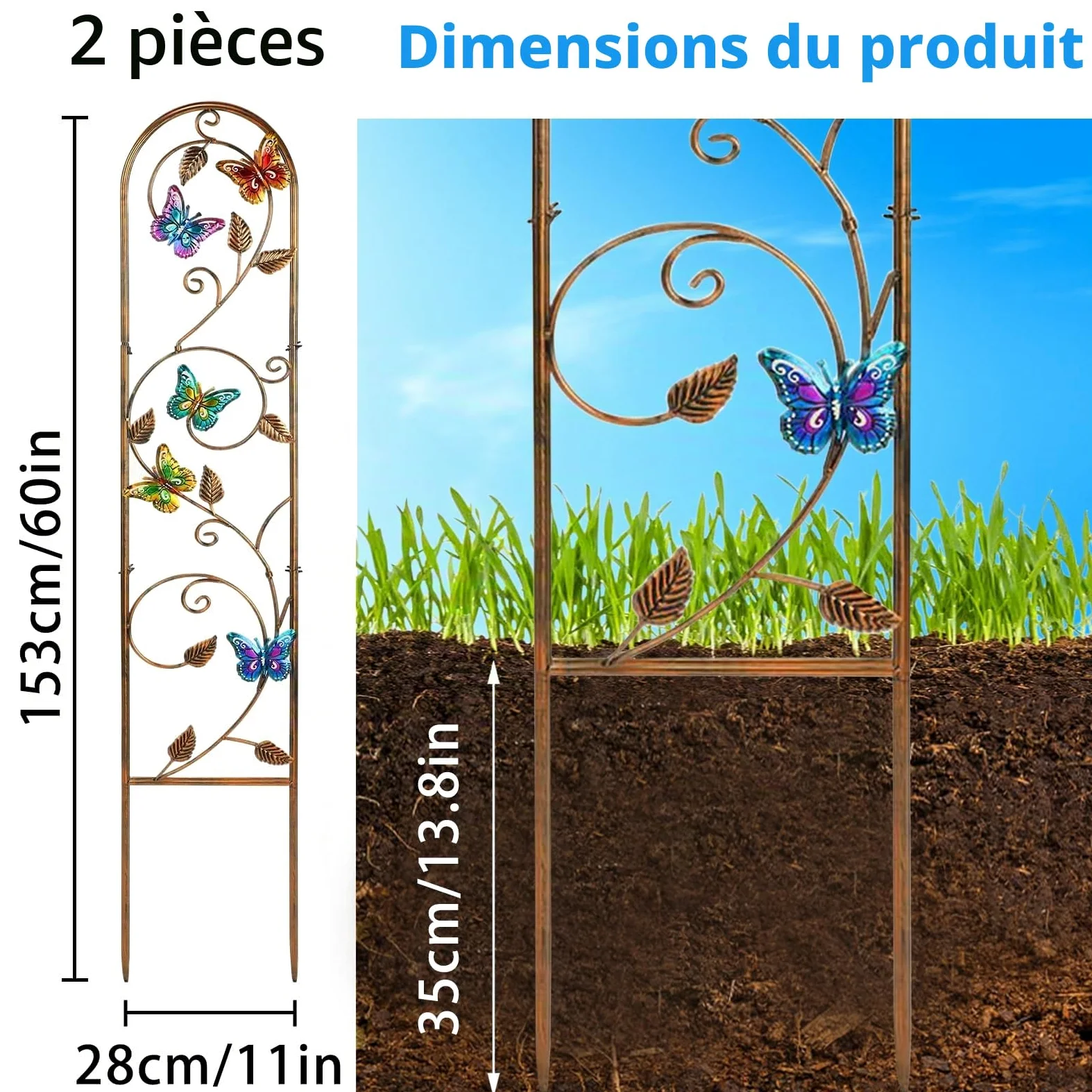 MEIYIFAN Lot de 2 Treillis Métalliques de Jardin de 152 cm Obélisque Haut pour Plantes Grimpantes Décoration Clôture Arquée pour Patio Extérieur Pelouse Cour Jardin (Papillon)