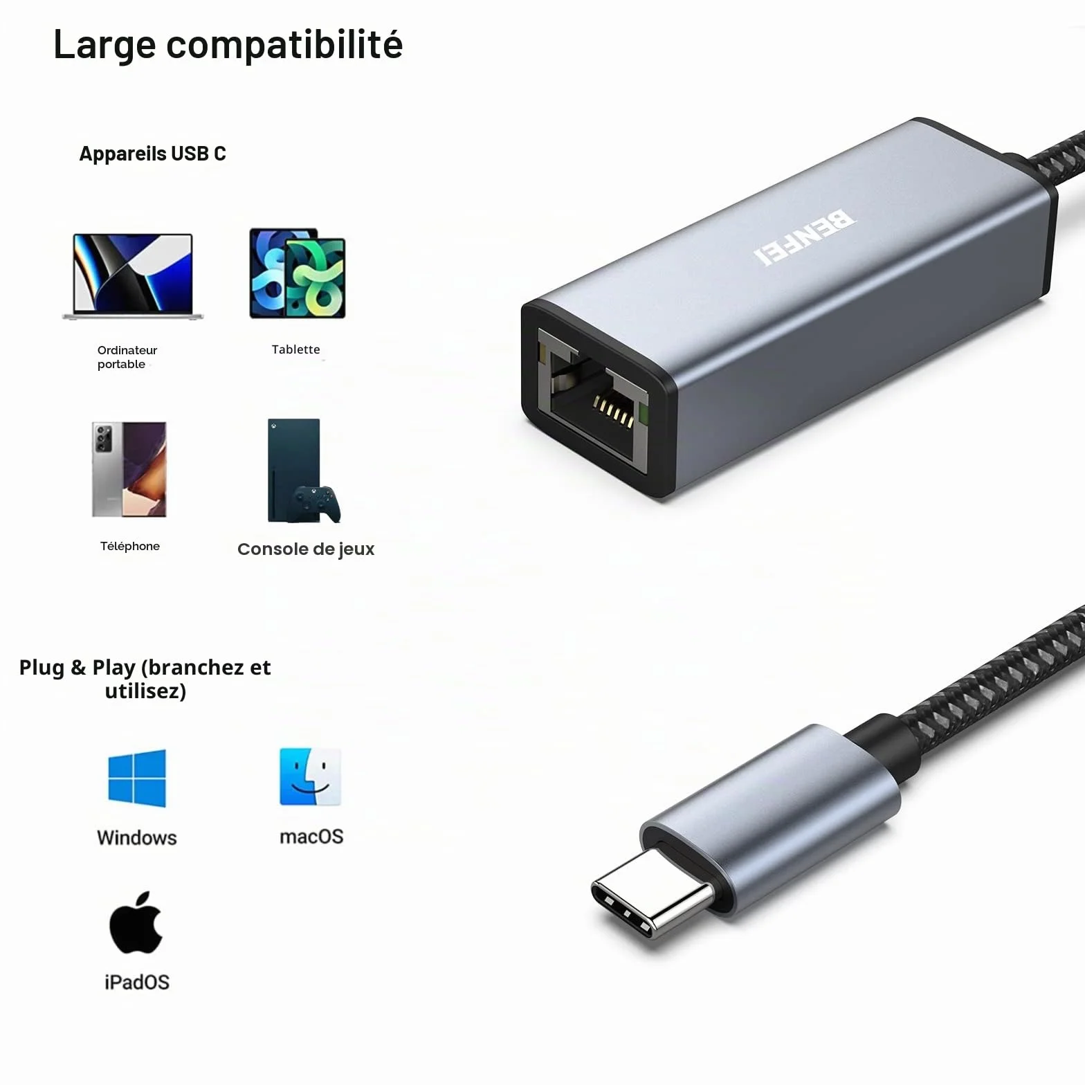 BENFEI Adaptateur USB-C vers Ethernet RJ45 LAN pour MacBook Pro 2019/2018/2017, MacBook Air