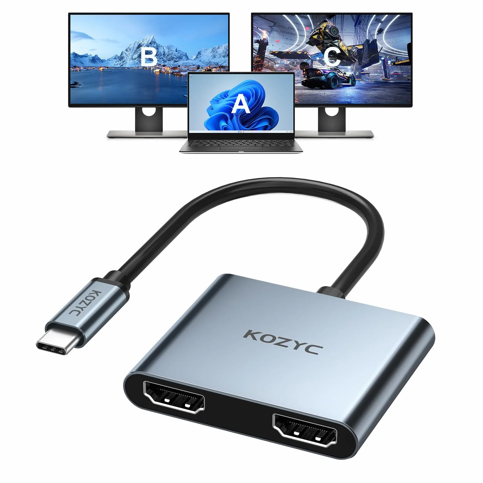 KOZYC USB C Dual HDMI Adapter 4K@60Hz Type C to HDMI Splitter Extended Display MST Windows