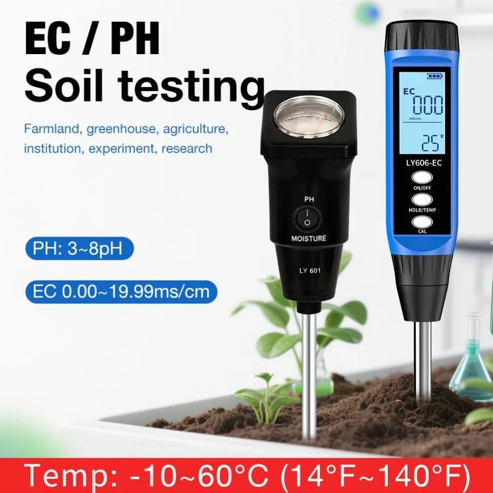 Testeur numérique de pH et de conductivité, 3-14pH et 0-19,99 mS/cm Testeur de sol avec écran LCD, compensation automatique de la température, sonde portable pour agriculture de jardin agricole