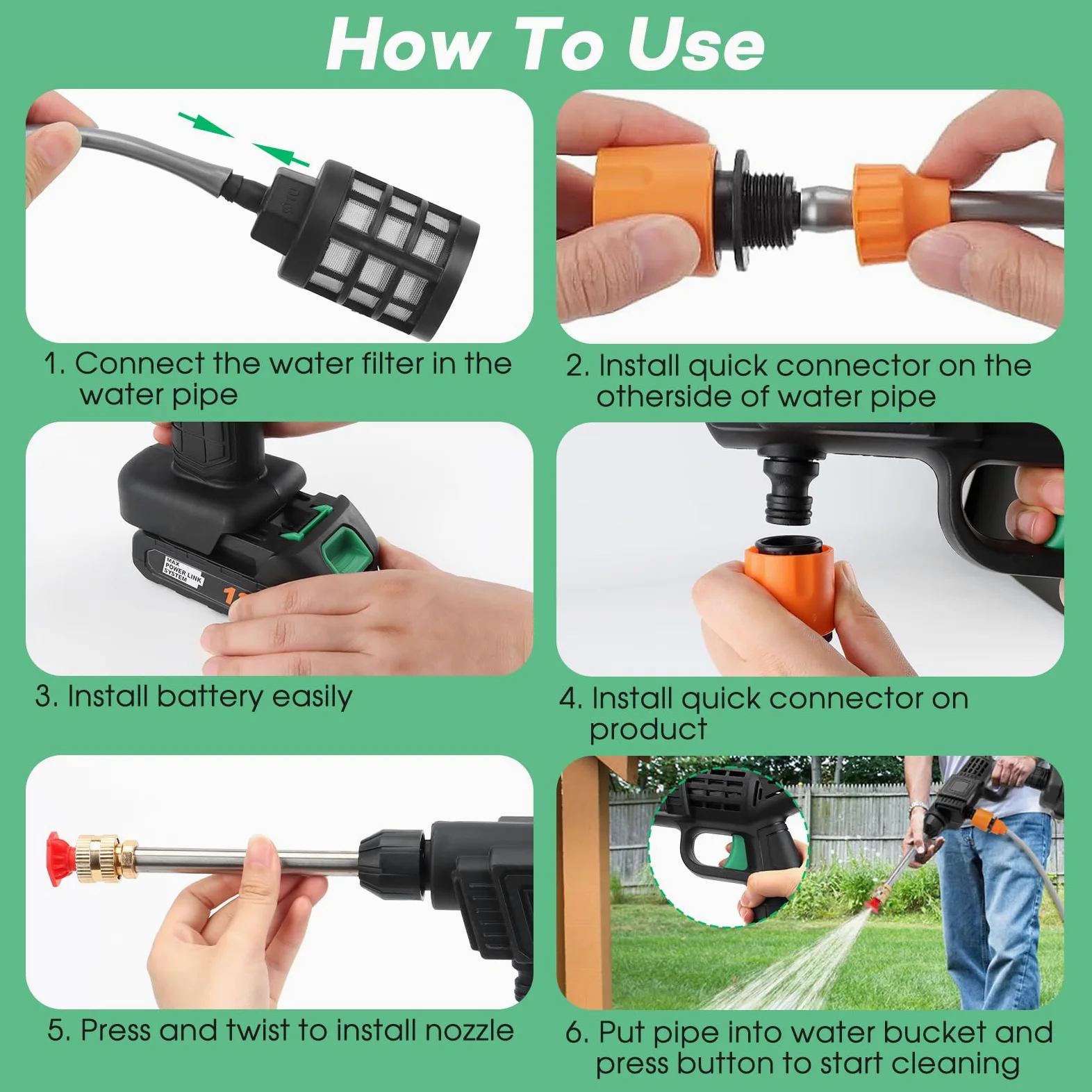 Nettoyeur haute pression sans fil avec 2 batteries, nettoyeur haute pression portable, buse 2 en 1 et canon à mousse, tuyau de 5 m de lavage à jet rechargeable pour voiture, terrasse, jardin