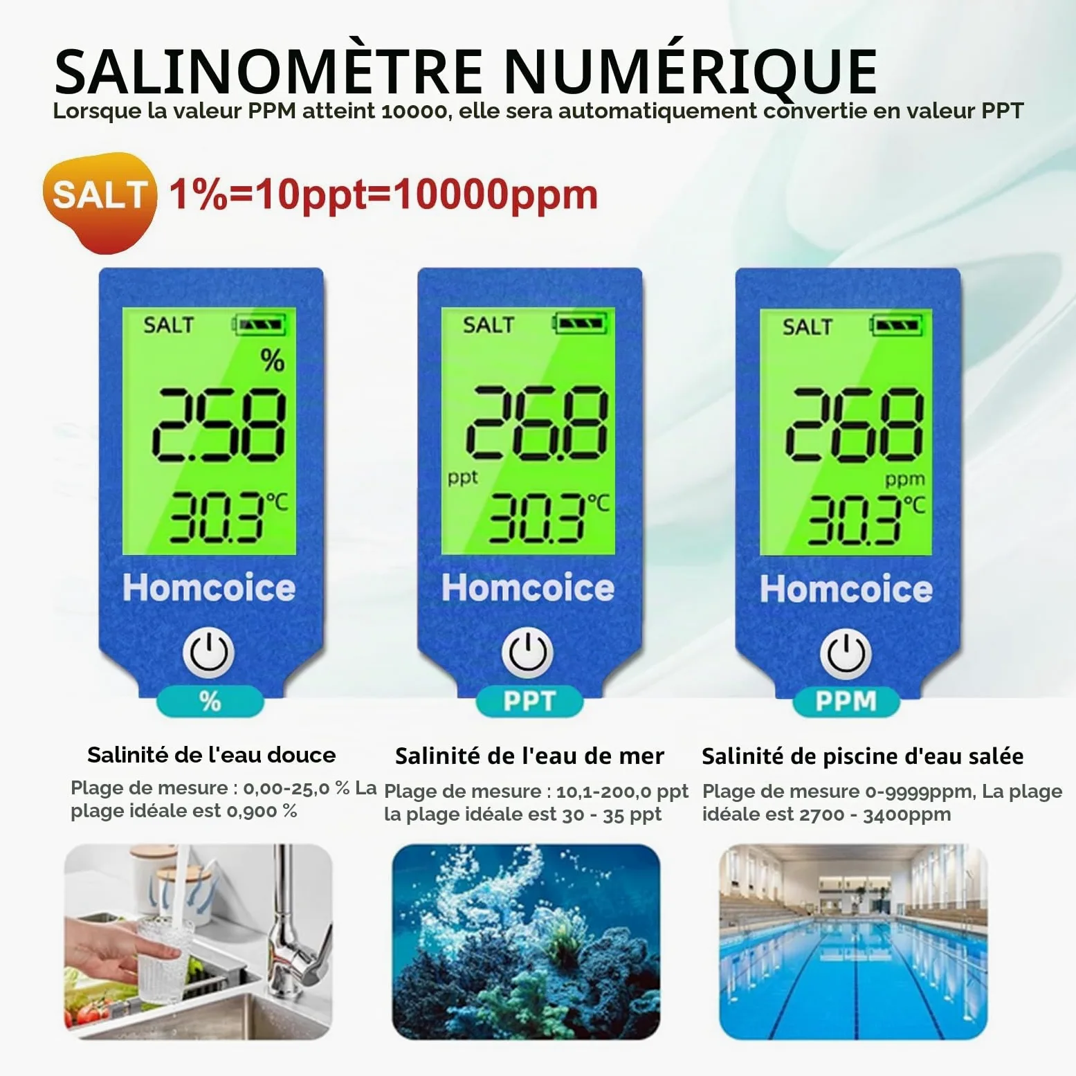 pH Chlore Mètre Piscine 7-en-1, Testeur PH Chlore Salinité ORP TDS EC Température, Tester Qualité Eau de haute précision avec fonction ATC pour piscines, eau potable, aquarium, hydroponie