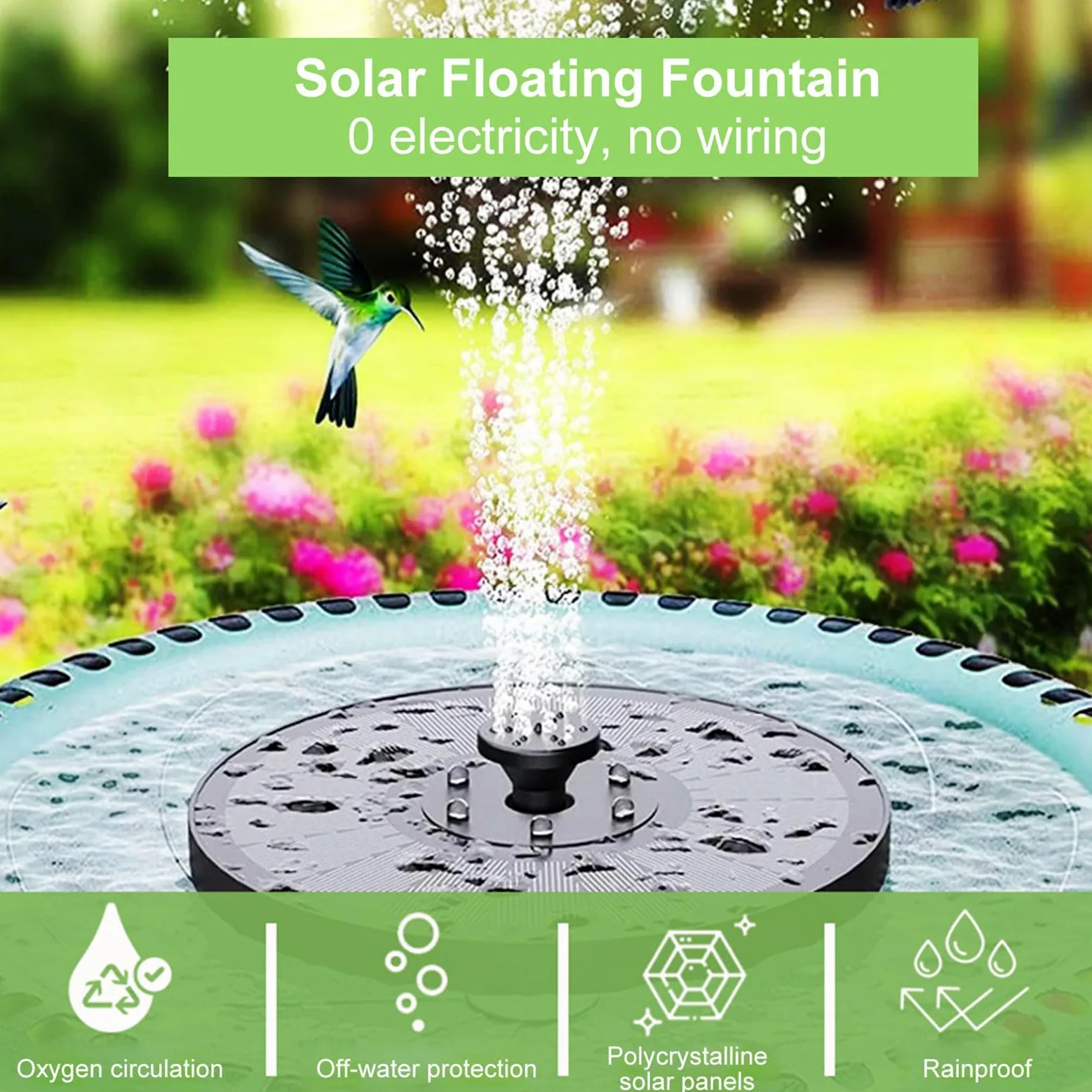 Fockety Fontaine Solaire, 6 W 9 V Flottante 1500 MAh Rechargeable, Pompe de Fontaine à Eau Solaire avec 7 Buses, Lumière de Couleur RVB, pour Jardin, Bassin, Piscine (6W Diamètre 23CM)