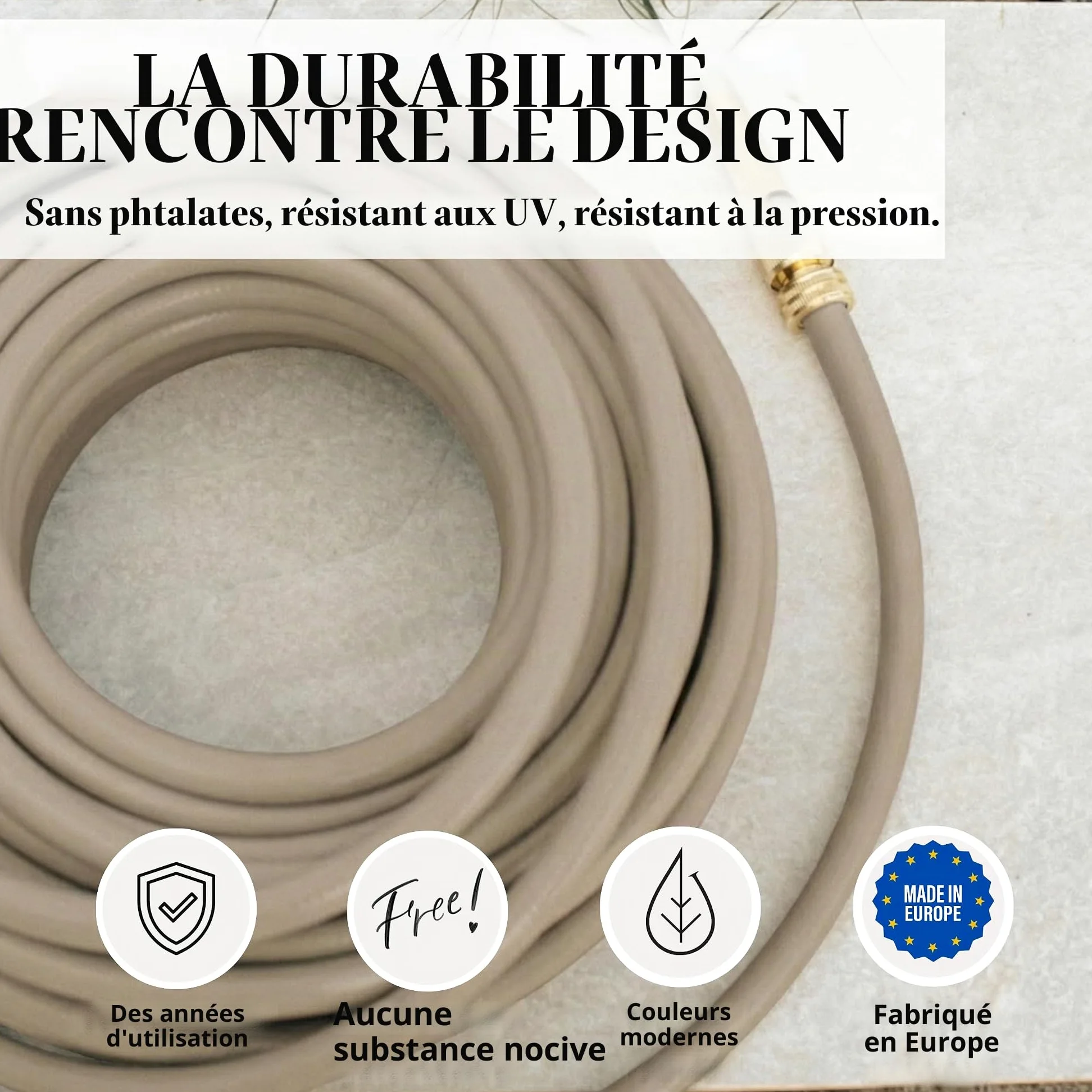 LIVLIG Tuyau d'Arrosage 10m Design – Tuyau Arrosage Flexible, 60% Recyclé, UV Résistant, Anti-Torsion, 1/2 Pouce, Beige