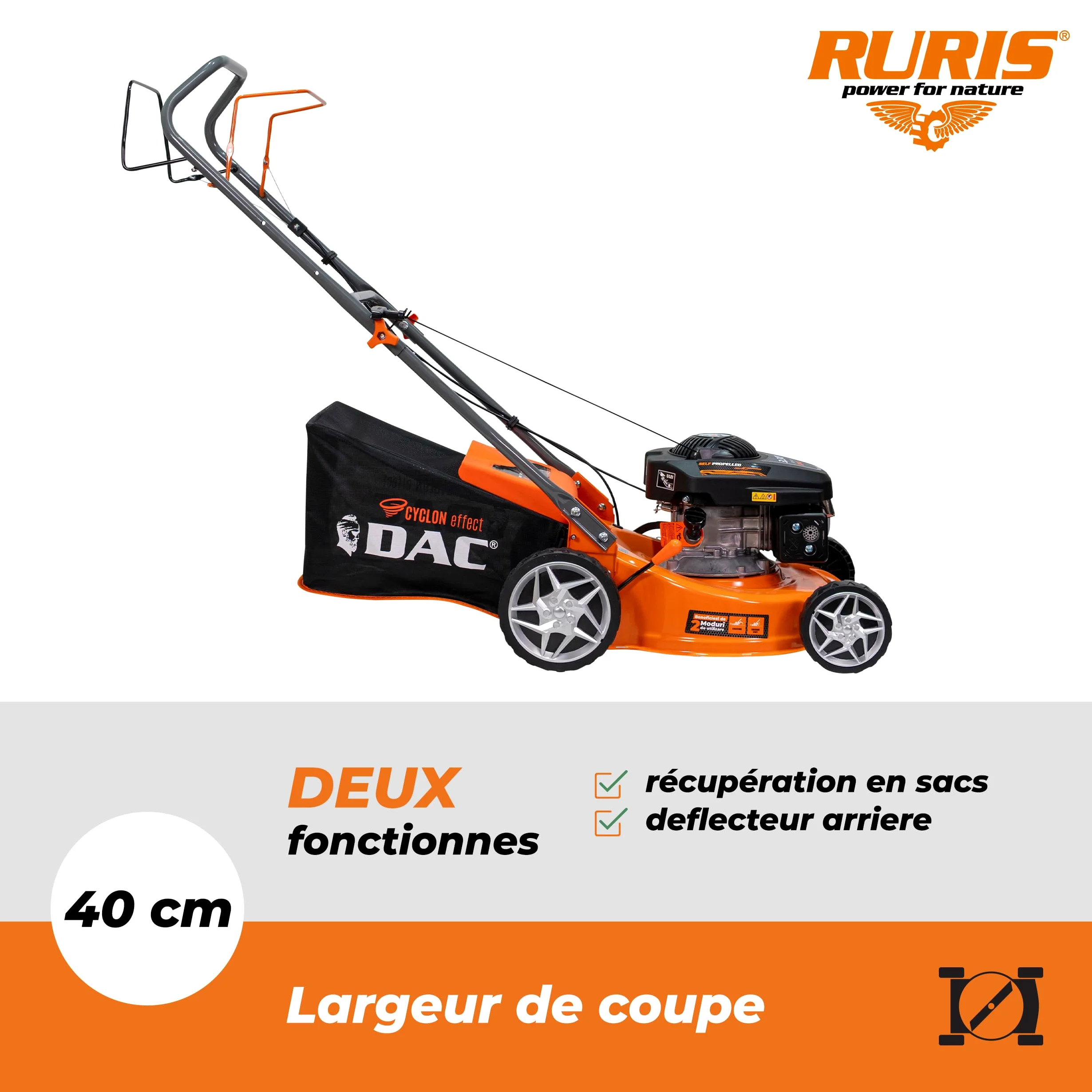 RURIS Tondeuse à Gazon Thermique Autotractée DAC 110XLS – Moteur 3,3 CV 131 CC, Largeur de Coupe 400 mm, Hauteur réglable 25-65 mm, bac 45 L, éjection arrière, châssis en métal