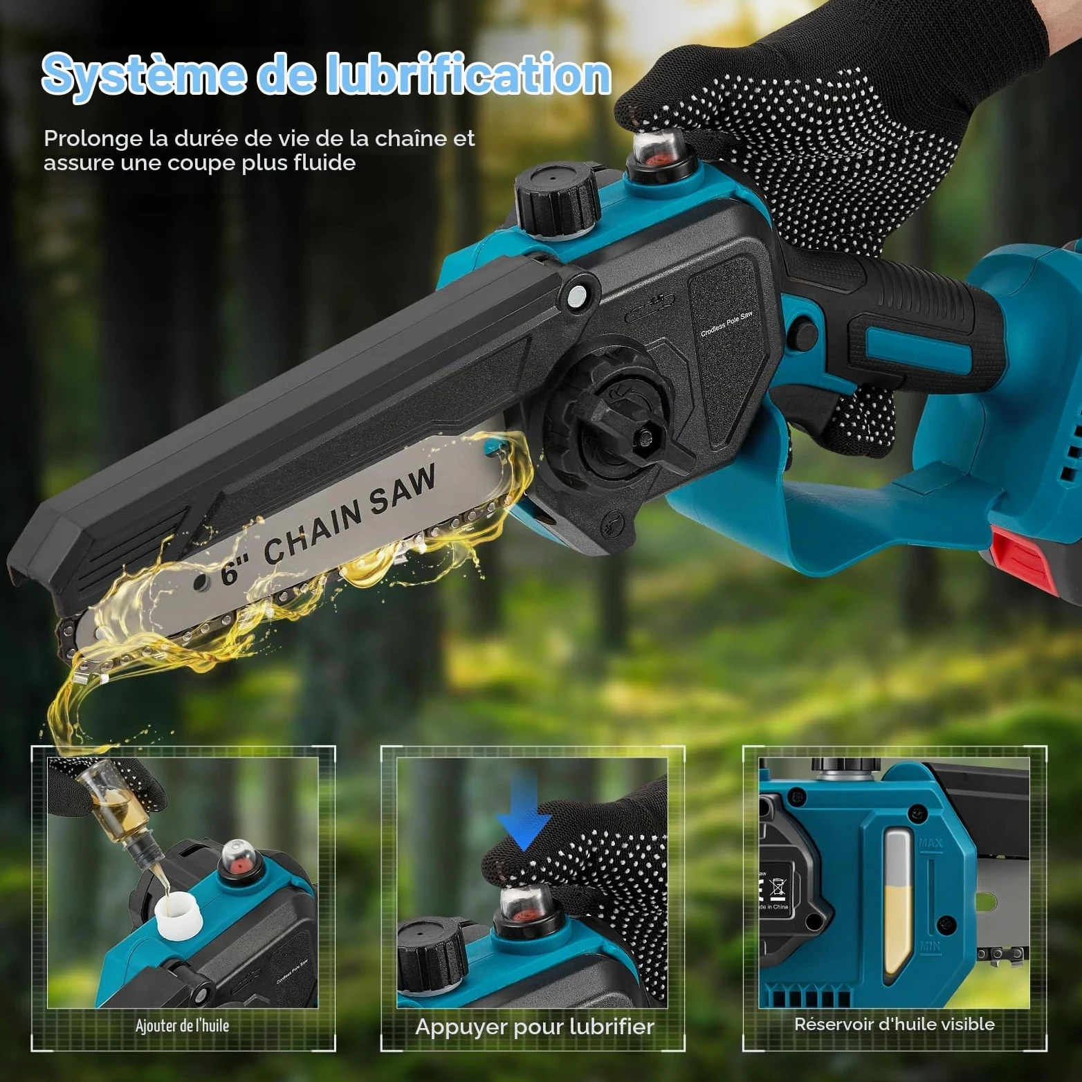Élagueuse sur perche sans fil 4 en 1, mini tronçonneuse sans balais 6 et 8 pouces avec 2 batteries de 4000 mAh, portée de 4,6 m, outil de jardinage pour l'élagage et la coupe de branches