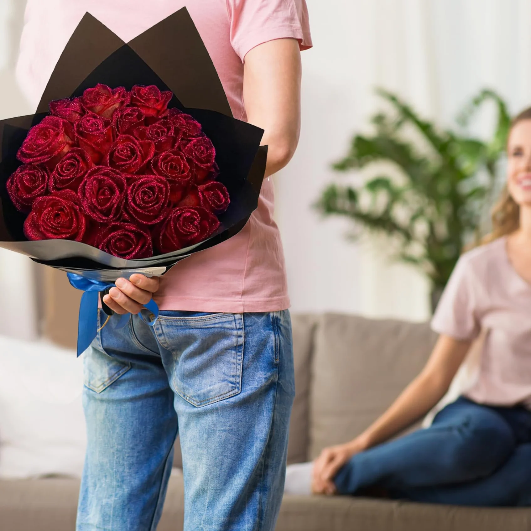 Bouquet de roses scintillantes 9,5 pouces fausses roses bricolage avec tige, rubans d'emballage et papier d'emballage