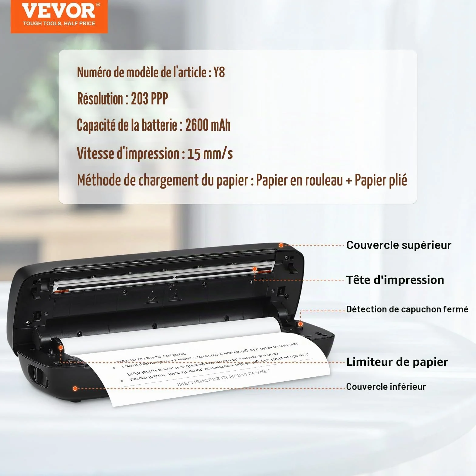 VEVOR Imprimante Thermique Portable sans Fil 203 DPI, Mini Bluetooth sans Encre pour Papier A4/A5