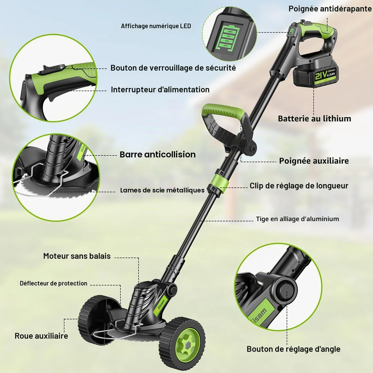Tondeuse à Gazon avec Batterie,8" Débroussailleuse sans balais avec 2x4.0AH de Batterie, Coupe-Bordure de Jardin avec 3 Types de Lames, Roues Amovibles, Réglage télescopique pour Gazon Jardin