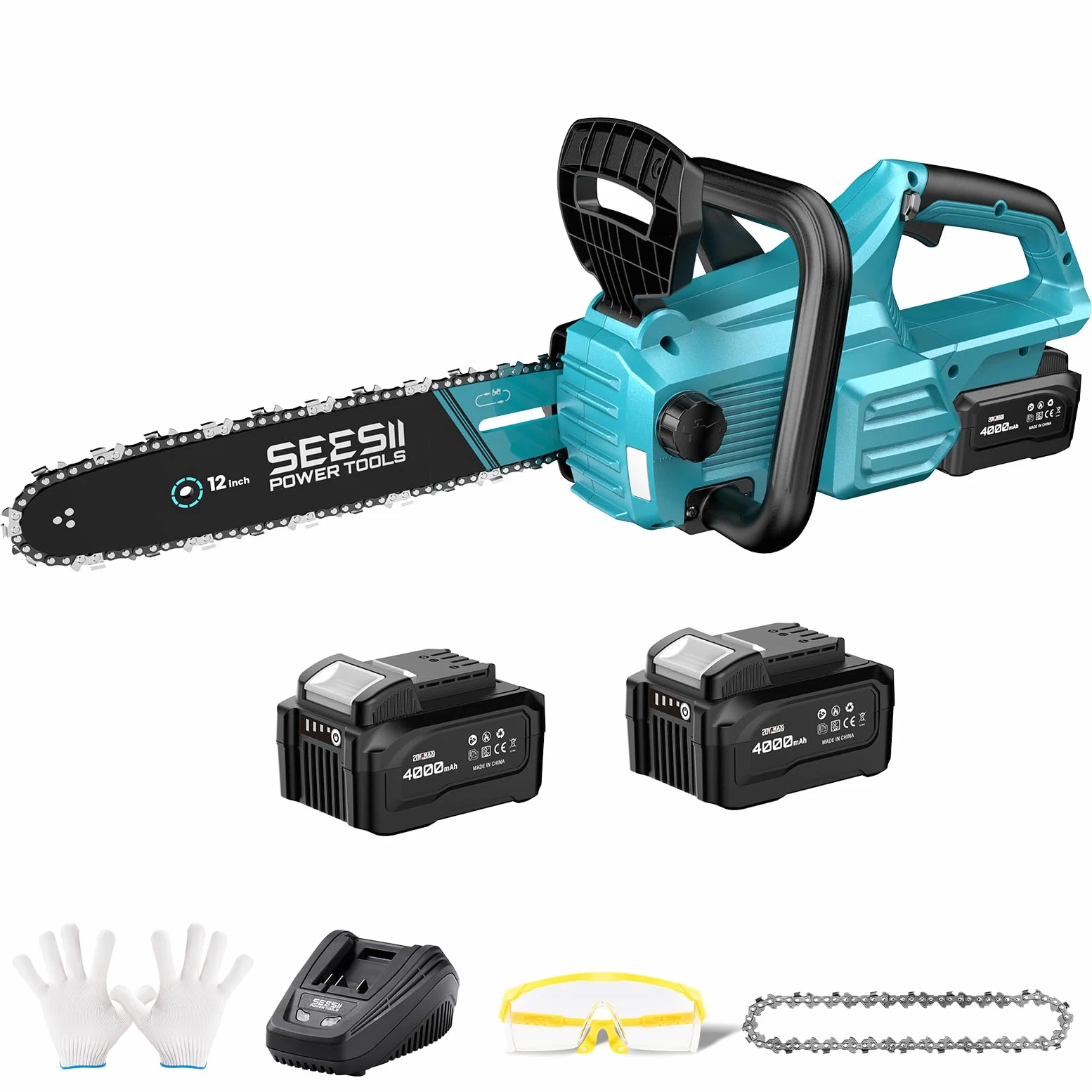 SEESII Tronçonneuse électrique sans fil de 30,5 cm, scie à chaîne portable avec 2 batteries de 4,0 Ah, scie à arbre avec tension de chaîne sans outil, huilage automatique pour coupe du bois