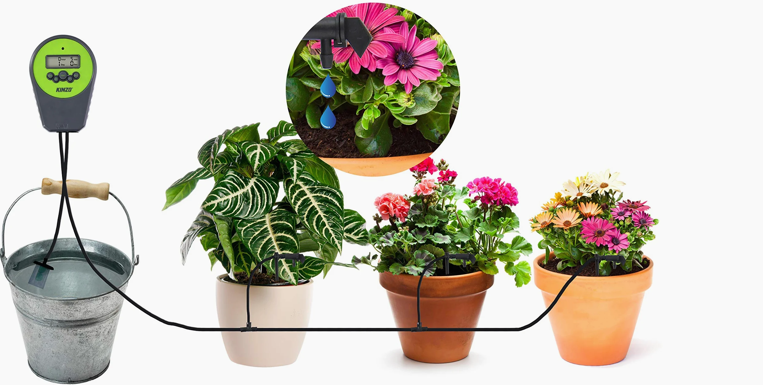 Kinzo Jardin - druppelbewateringsset Automatique - avec Pompe intégrée - jusqu'à 10 Plantes -. Tuyau 5m
