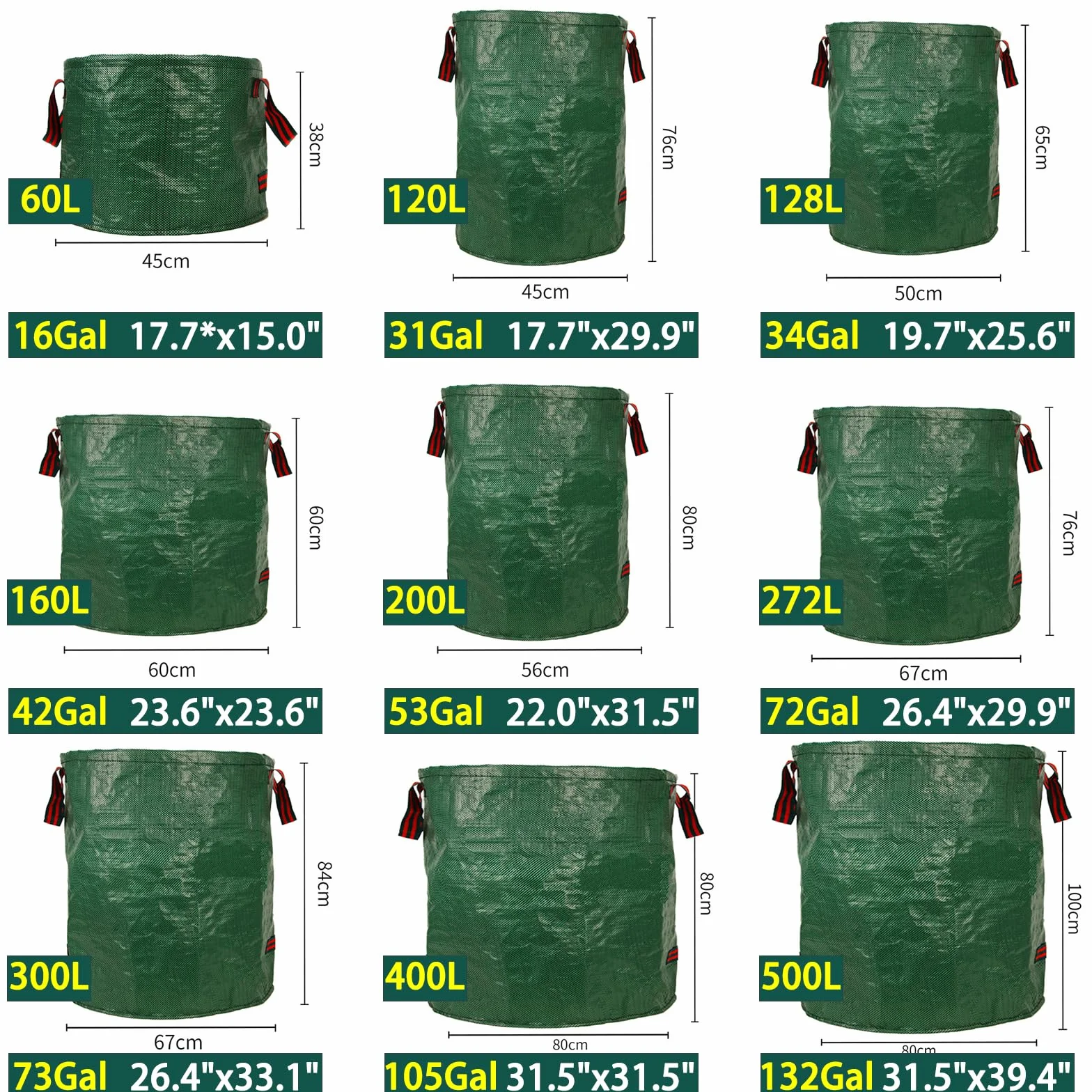 Lot de 4 sacs à feuilles réutilisables, conteneurs robustes pour déchets de pelouse et de cour avec 4 poignées, capacité de 200 litres, parfaits pour les tontes de plantes, l'herbe et les mauvaises