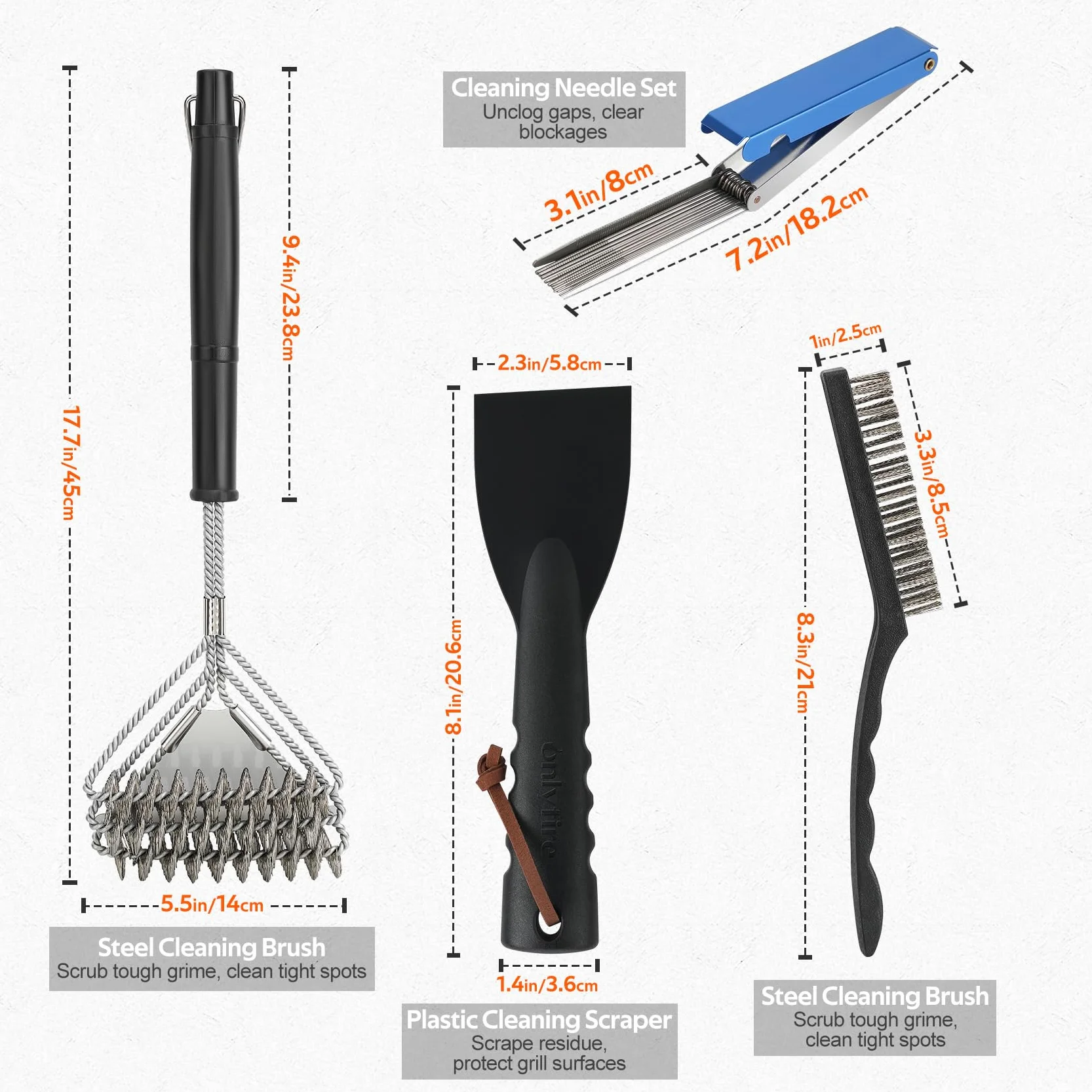 Onlyfire Kit de Nettoyage Barbecue INOX - 2 Brosses, 1 Grattoir, 13 Tiges pour BBQ Gaz, Charbon, Plancha