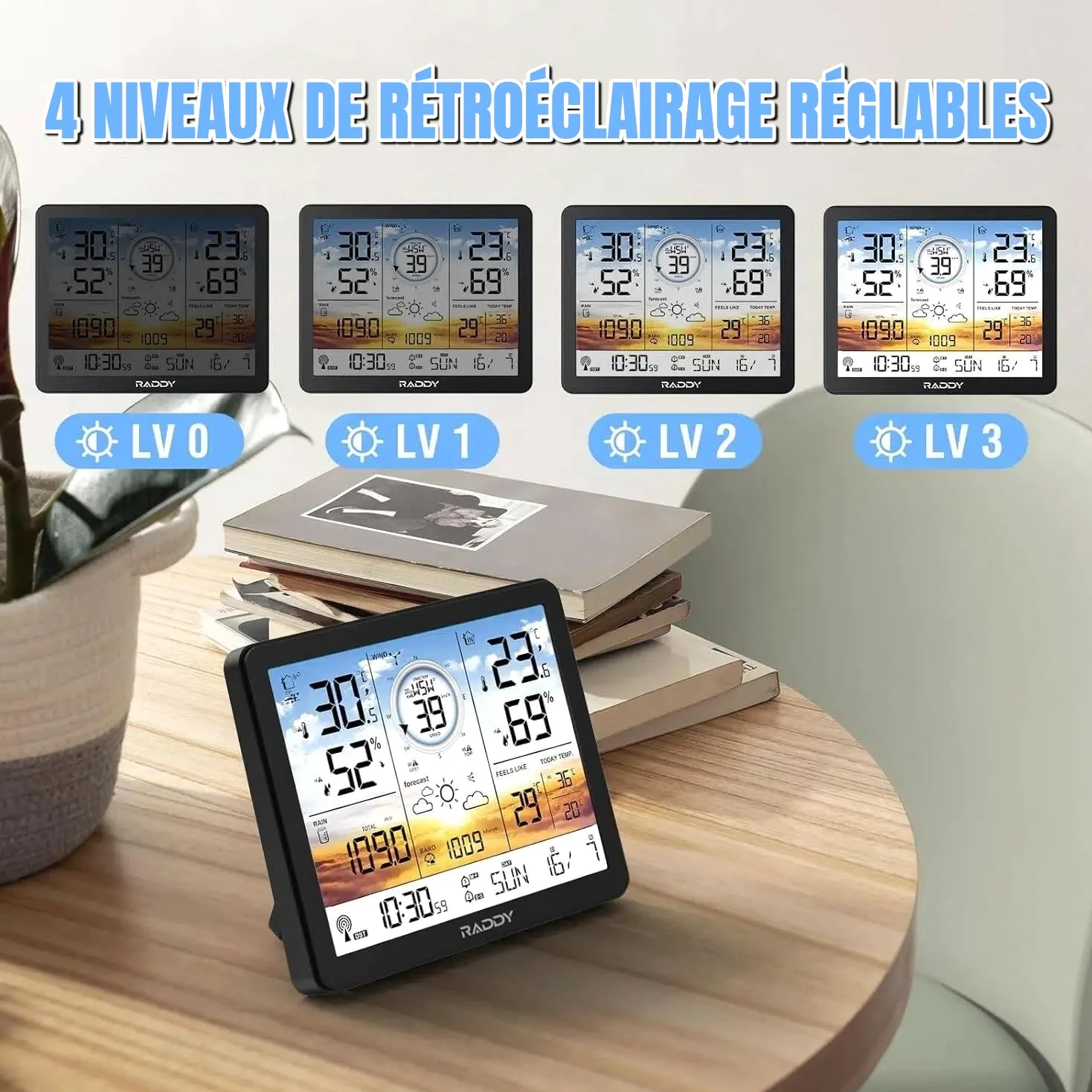 Raddy AG7 Station météo sans fil, Thermomètre intérieur/extérieur, Écran numérique 7,4'' coucher de soleil, Horloge atomique, Contrôle température et humidité, Prévisions et pression barométrique