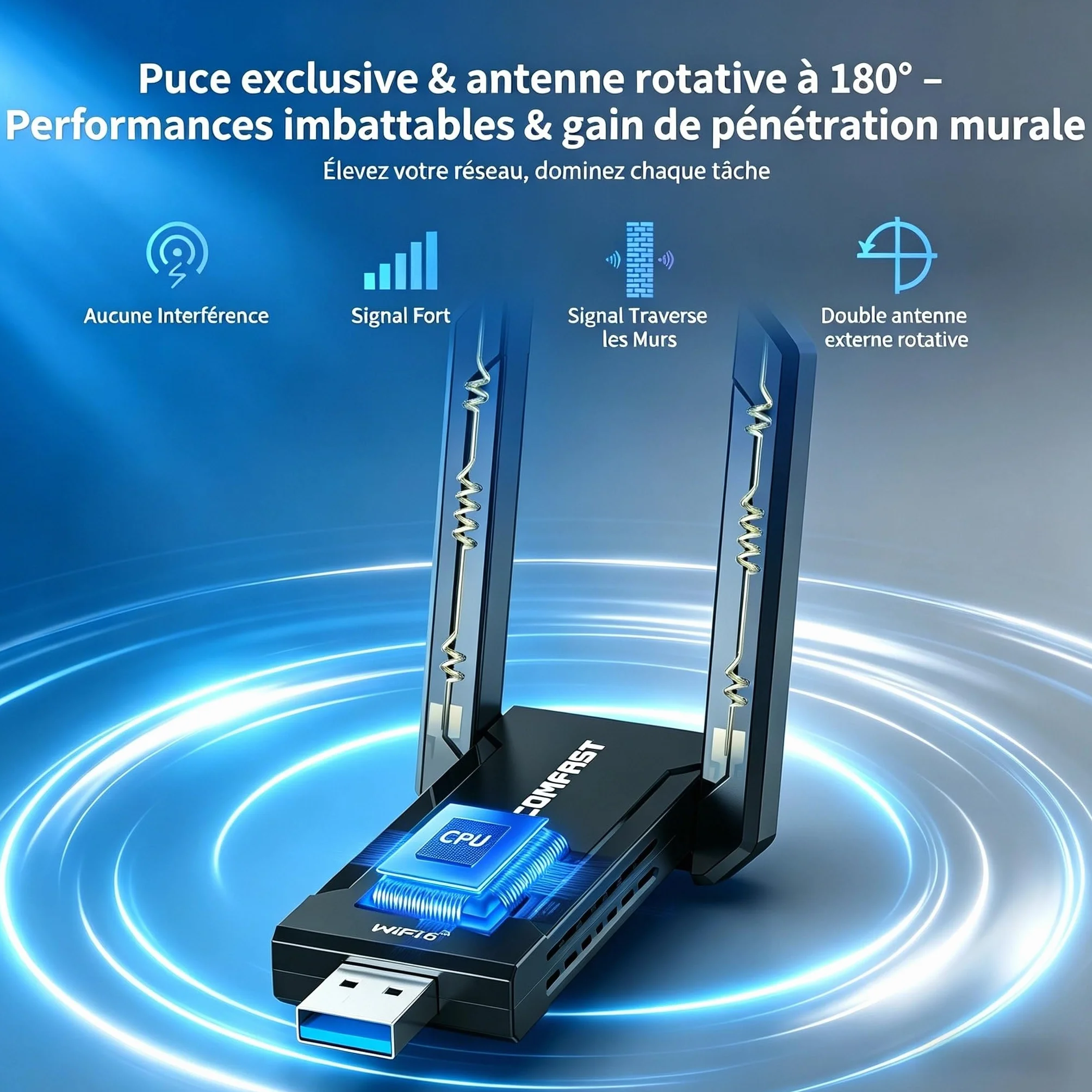 COMFAST Clé WiFi 6E AX5400 Tri-Bande 6GHz 5GHz 2,4GHz USB Adaptateur WiFi Windows 11/10 WPA3 MU-MIMO