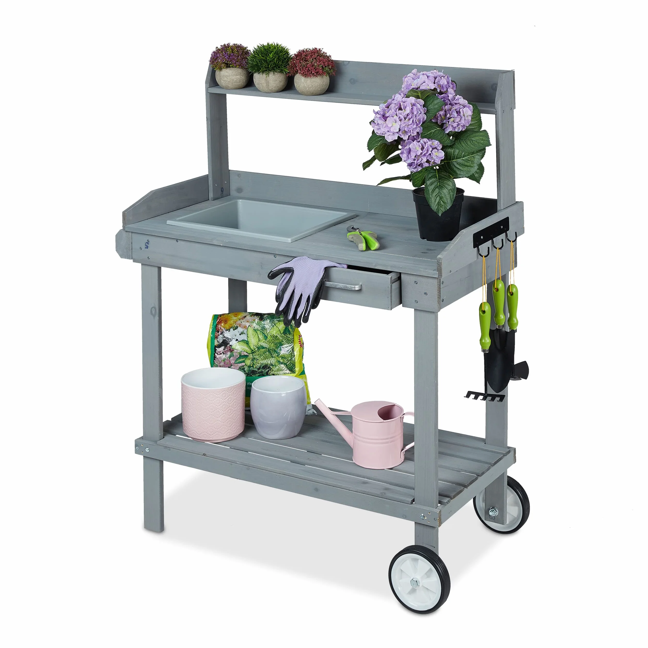Relaxdays Table pour Plante avec roulettes, bac et tiroir, Bois, Plastique, 120 x 97 x 48 cm, Gris