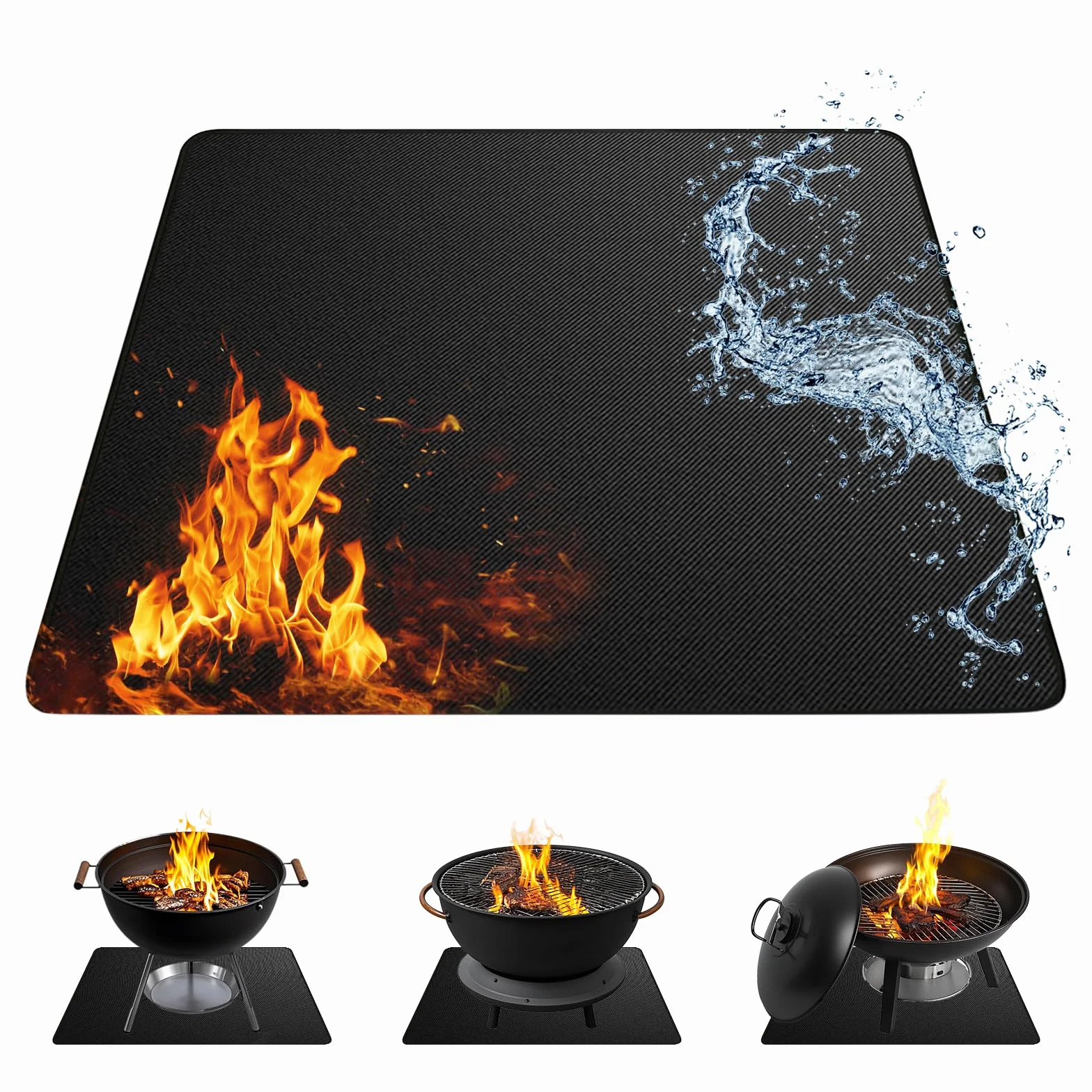 Tapis de brasero carré double face ignifuge résistant à la chaleur imperméable 100 x 100 cm noir