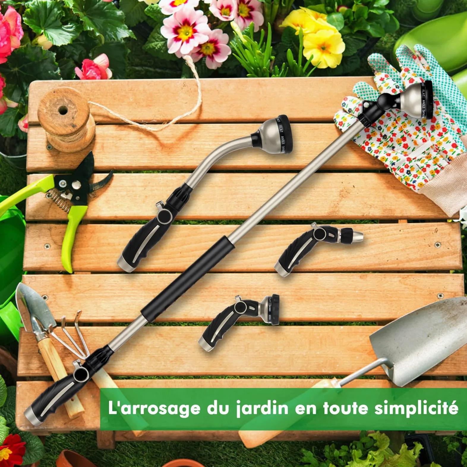 RESTMO Pistolet d'arrosage de jardin en métal extra-longue 92 cm | Avec sa buse rotative à 180°,10 modes de pulvérisation et son contrôle du débit, l'arrosage des paniers suspendus arbustes.