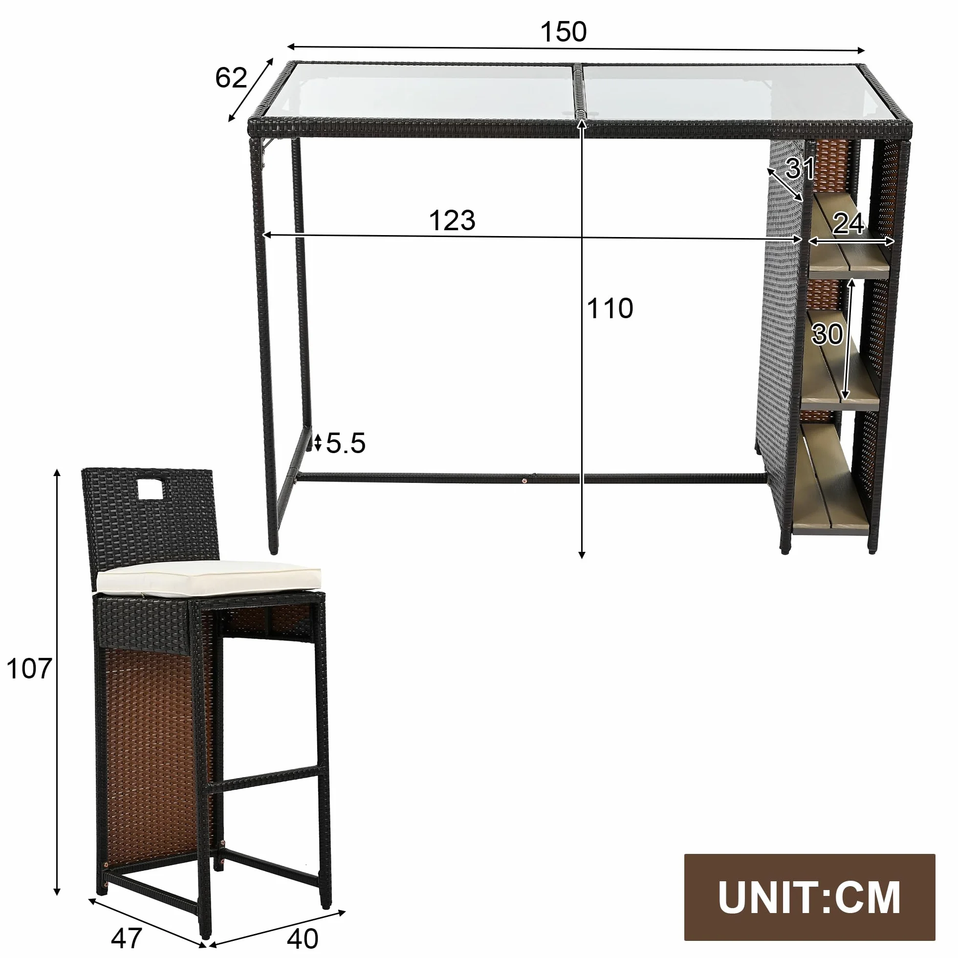 Merax Ensemble bar jardin 7 pièces 6 tabourets hautes polyrotin noir marron foncé