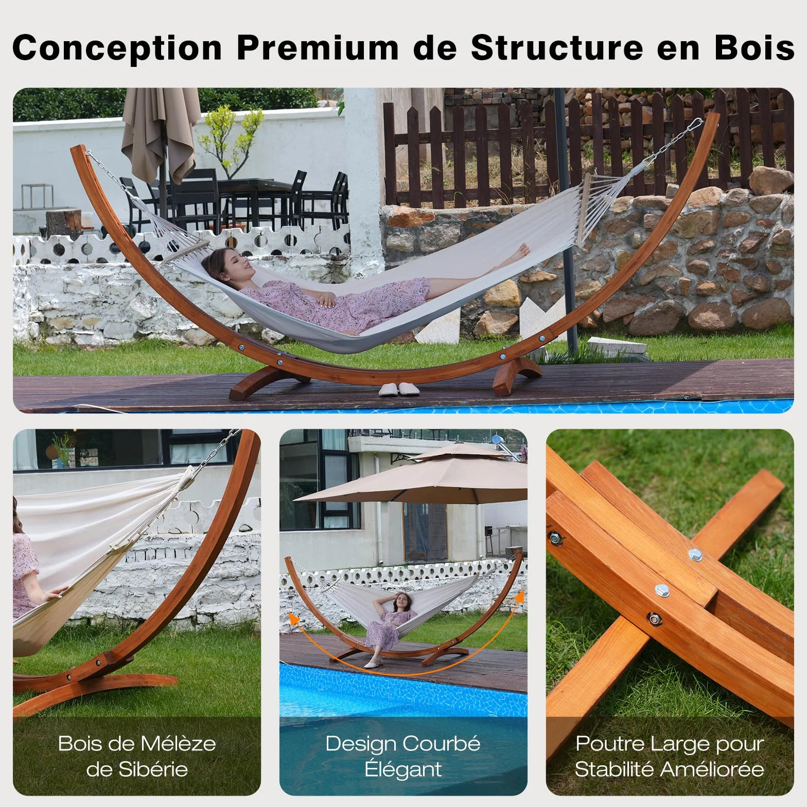Hamac avec Support en Bois, 320×120 cm, 2 Hamacs, Charge 200 kg | Bois de pin massif, réglable en hauteur, structure stable extérieur