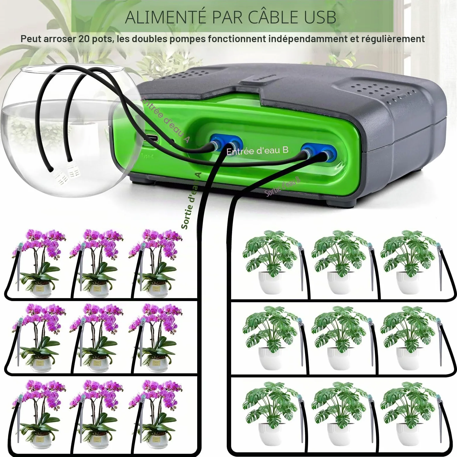 Arrosage automatique intérieur, système d'irrigation avec double pompe, contrôle indépendant, quantité d'eau réglable, kit d'irrigation goutte à goutte DIY pour 20 plantes en pot, idéal comme système