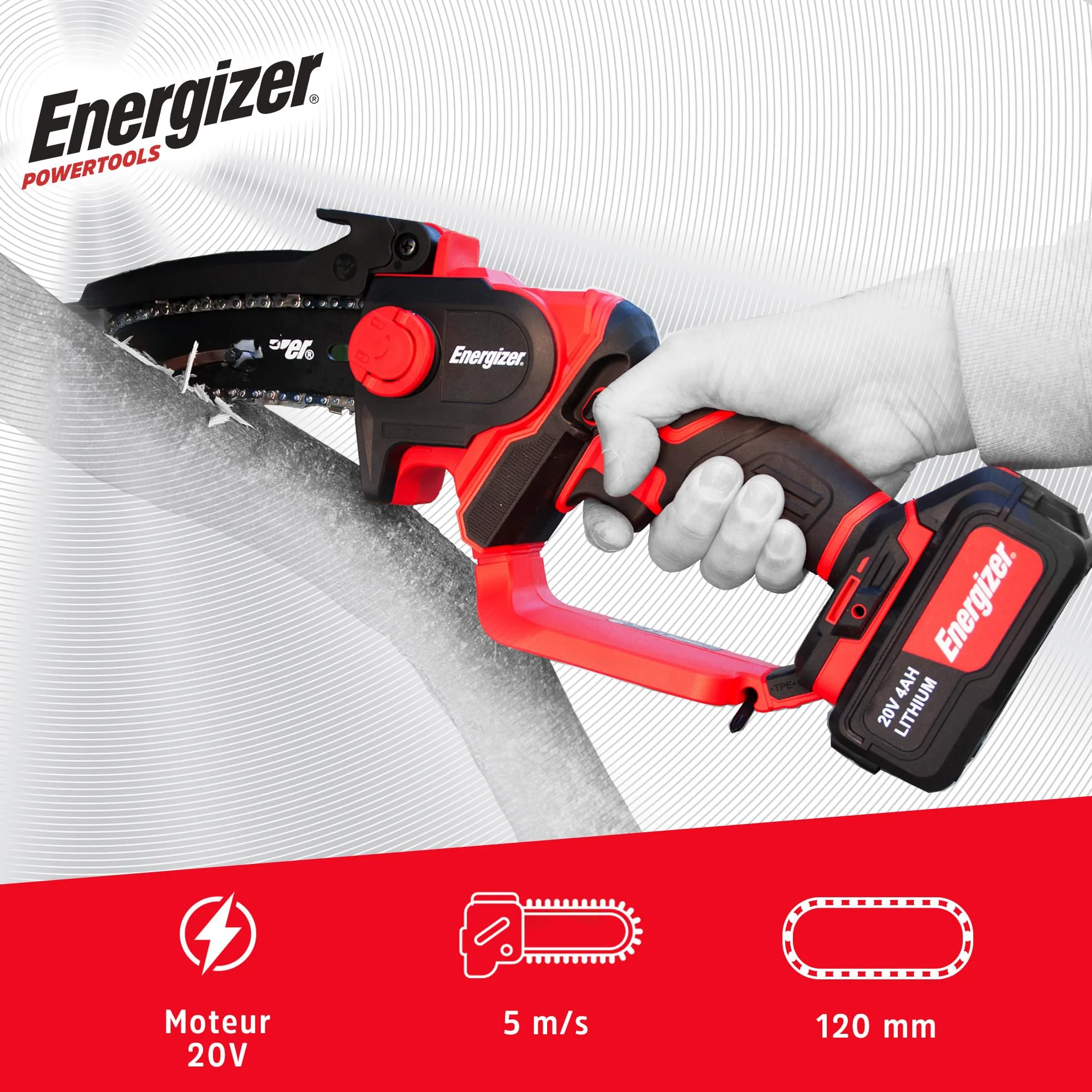 Energizer – Tronçonneuse Sans Fil 20V, Lame 120 mm – Vitesse 5 m/s – Ultra Compacte, Poignée Soft Grip – 2 Chaînes + Huile Incluses – Inclus 2 Batteries 2AH + Chargeur rapide Idéale Élagage, Jardinage
