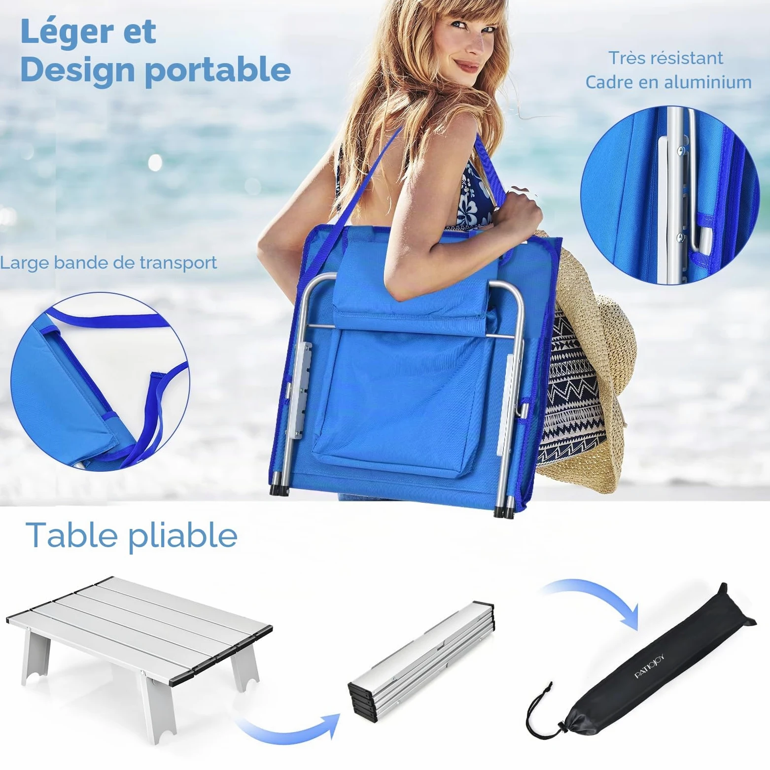 KOMFOTTEU Lot de 2 Matela de Plage Pliable avec Table Basse, Tapis de Plage, Dossier réglable en 5 Positions, Lits de Plage avec Appuie-tête, Portable avec Bandoulière, 151 x 55,5 cm (Bleu)