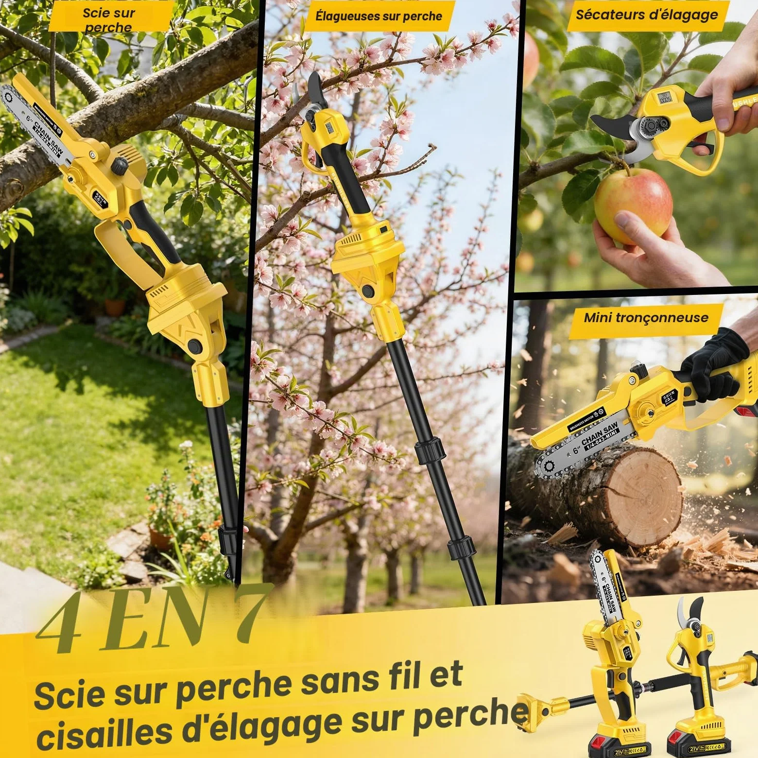 4 en 1 Tronconneuse à Batterie&Secateur Electrique avec Perche Télescopique | Portée Max Jusqu'à 4,2m, 1000 W Moteur & 2 Batterie, Mini Tronconneuse 6 Pouces avec Perche pour Arbres et Élagage en Hauteur