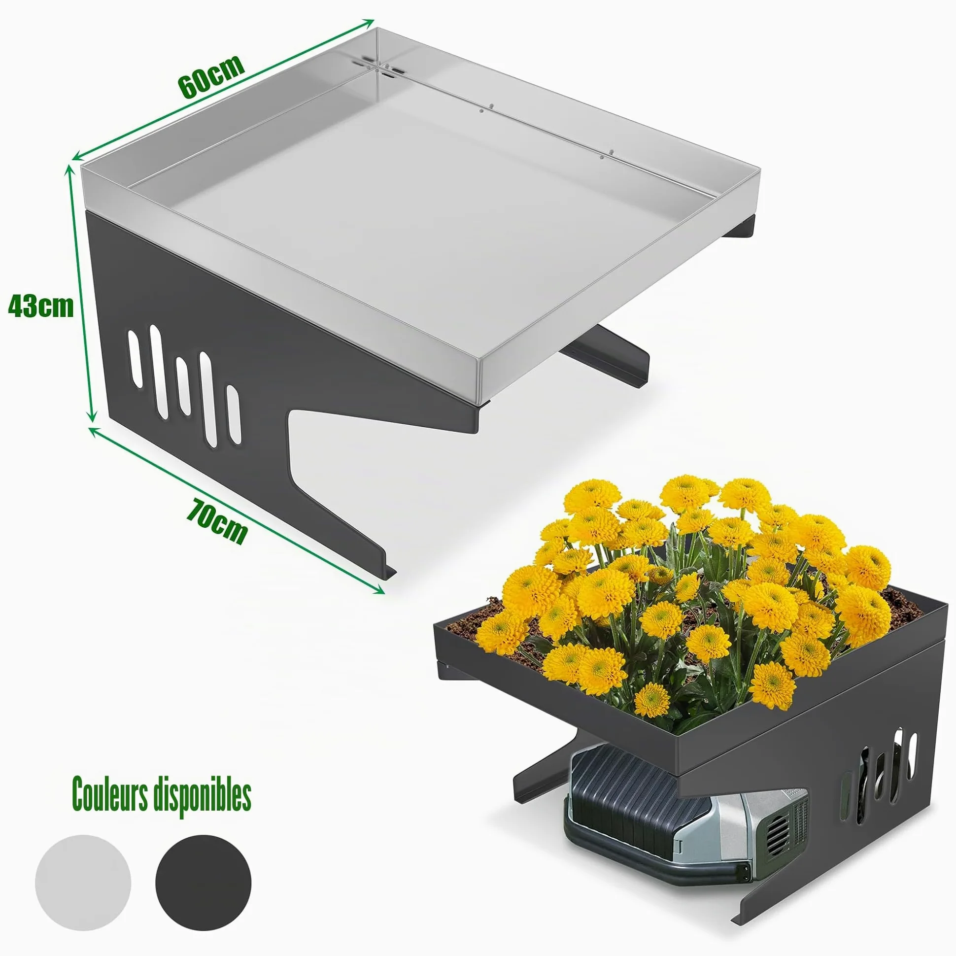 Toit de garage pour tondeuse robot - 70 x 60 x 43 cm - En métal - Protection contre la pluie et le soleil - Avec bac à plantes - Résistant aux intempéries - Pour la plupart des robots à gazon