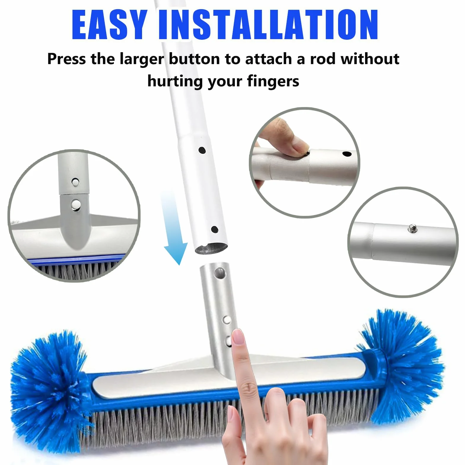 Brosse Piscine Ronde Nettoyage avec Tige Télescopique Tête Détachable Poils Robustes Fond Parois